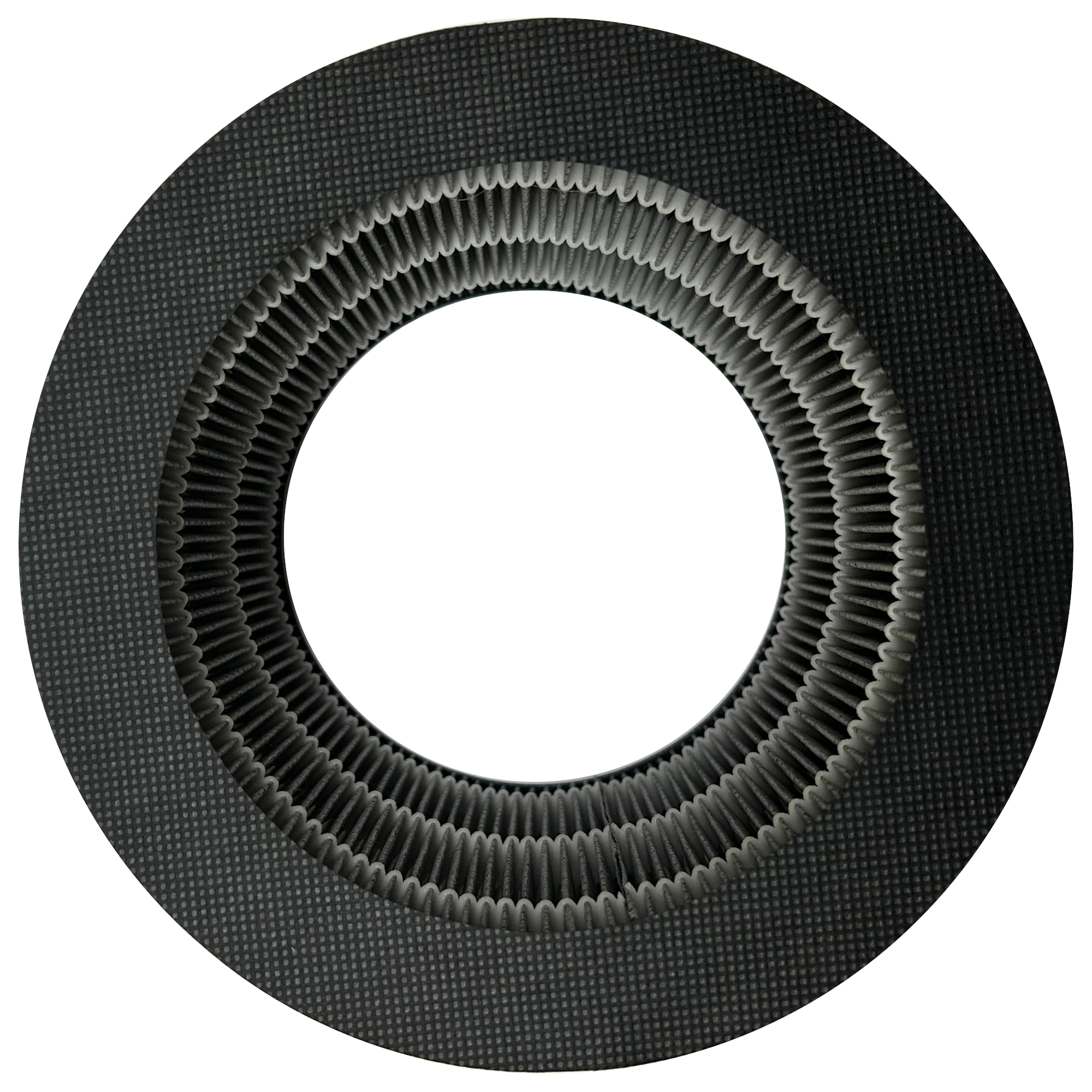 Runder Luftfilter mit dunkelgrauem Rahmen und plissiertem, hellgrauem Filtermaterial. Weißes Zentrum.