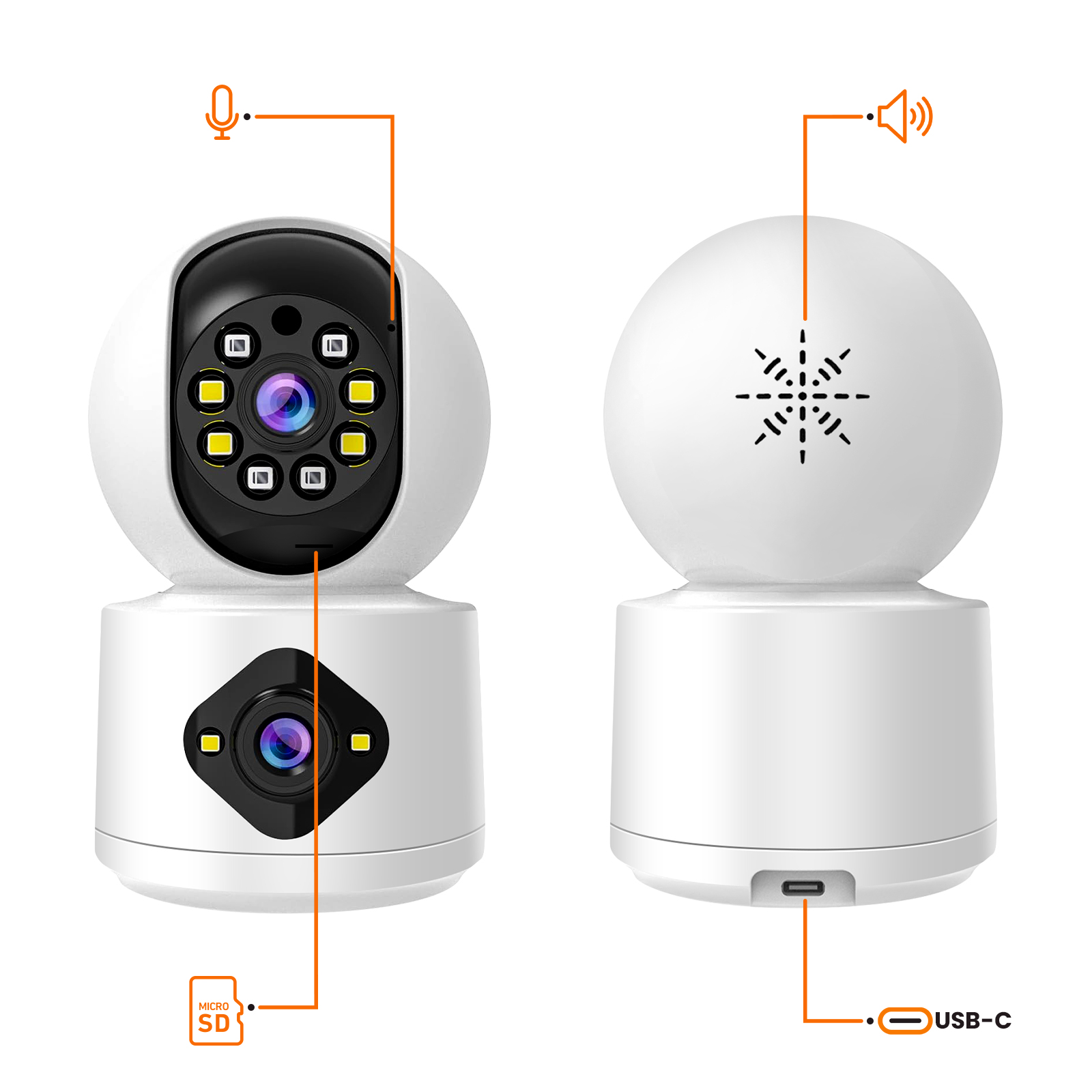 Eine weiße Überwachungskamera mit zwei Linsen, Mikrofon, Lautsprecher und USB-C-Anschluss. Orange Linien zeigen auf Funktionen.