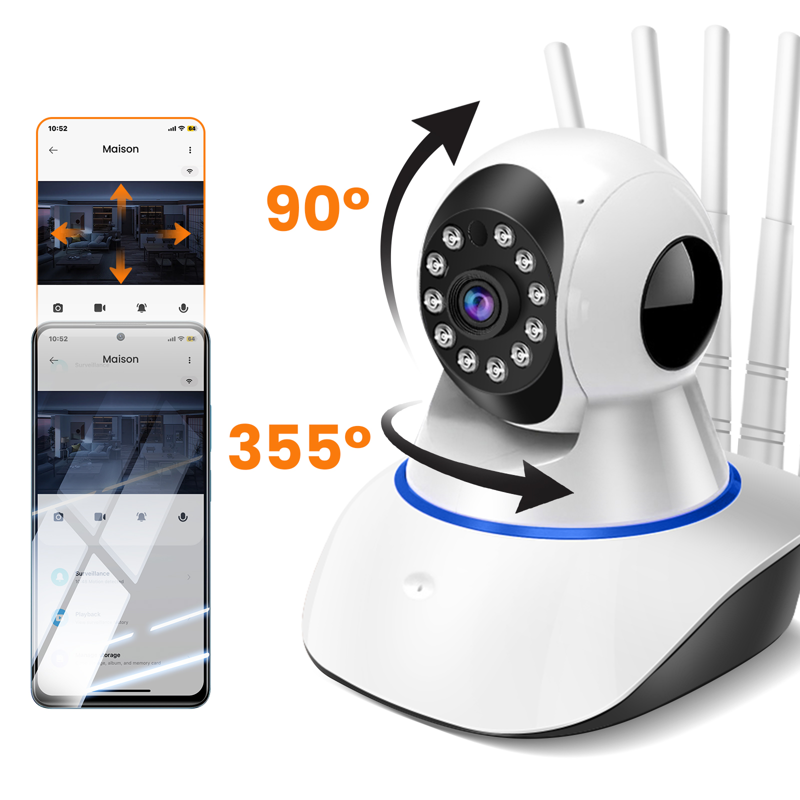 Eine weiße Überwachungskamera mit Antennen, ein Smartphone mit Innenansicht und Richtungspfeile.