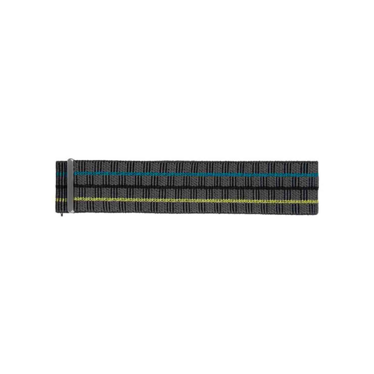 Ein graues Uhrenarmband mit blauen und gelben Linien. Es hat eine silberne Schnalle auf der linken Seite. Der Hintergrund ist weiß.