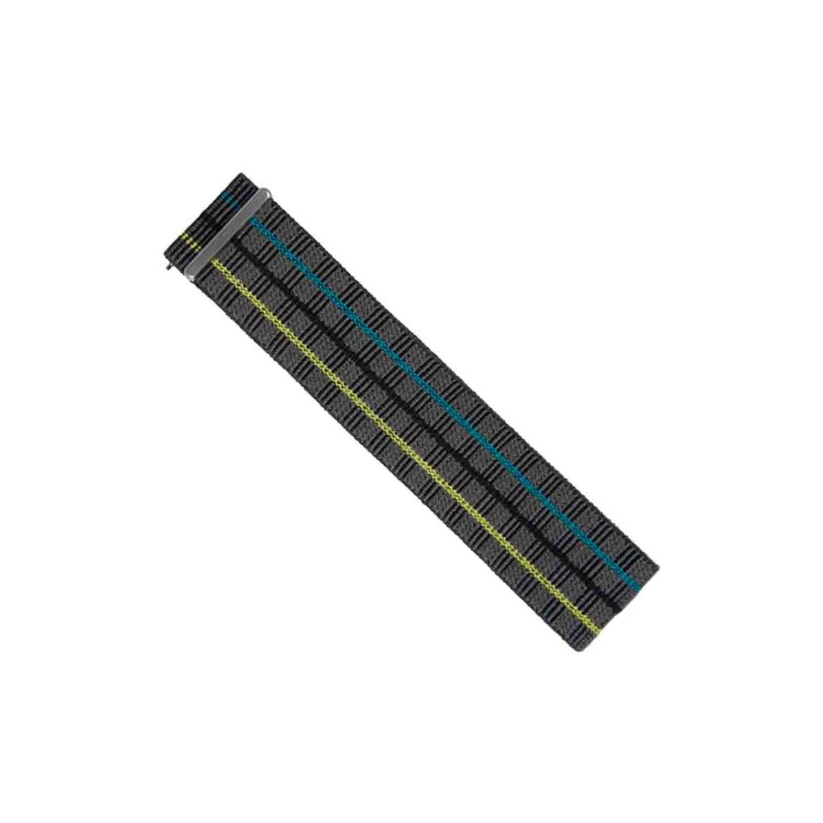 Ein graues Uhrenarmband mit blauen und gelben Streifen. Es ist auf weißem Hintergrund abgewinkelt. Das Armband hat einen Metallverschluss.