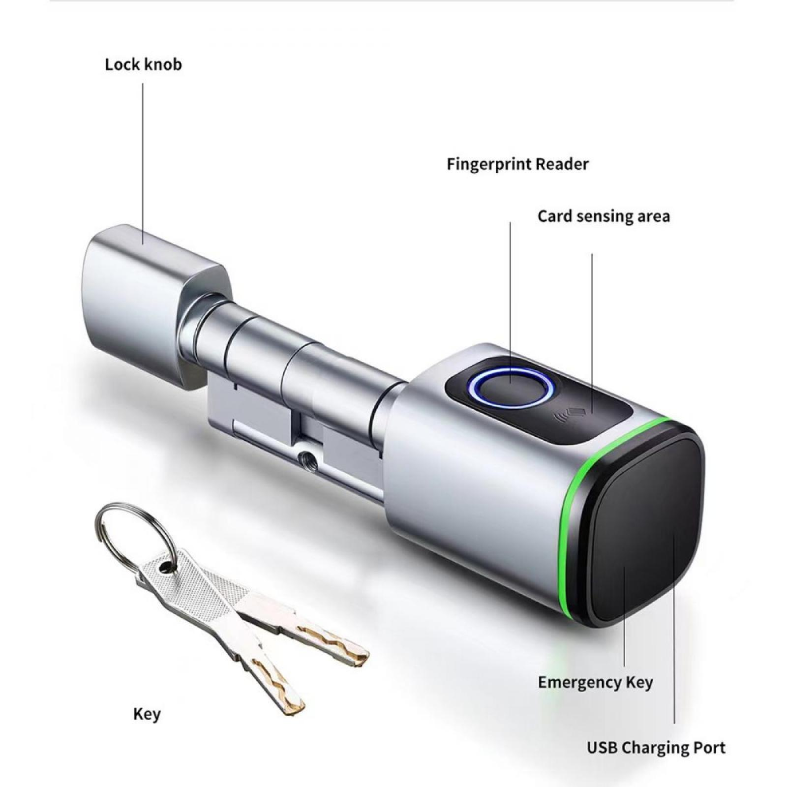 Ein intelligentes Schloss mit Schlüssel, Fingerabdruckleser und USB-Anschluss. Silber und Schwarz. Beschriftete Teile: Knauf, Kartenbereich, Notschlüssel.