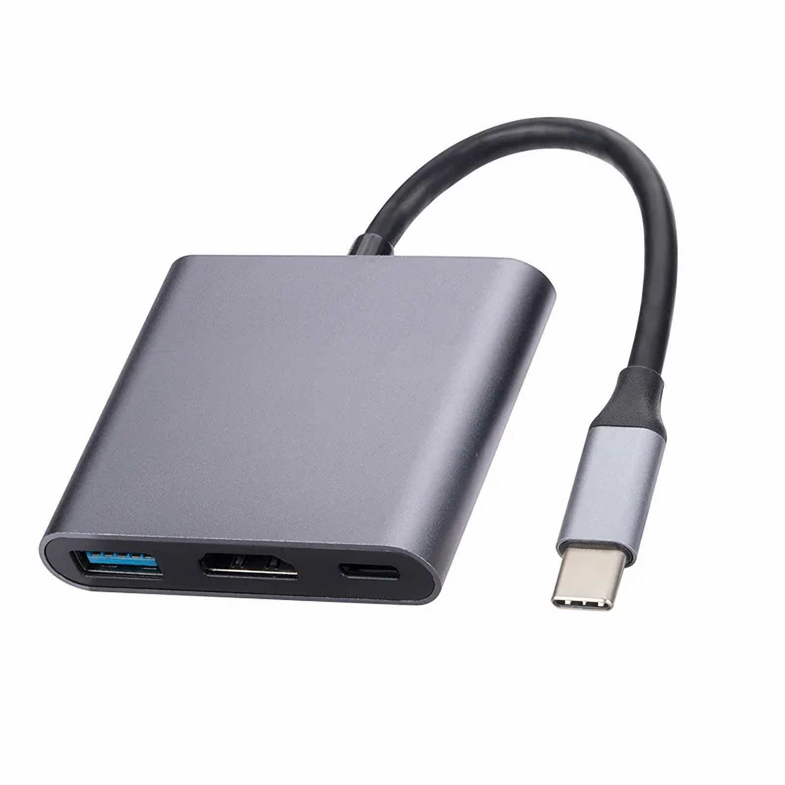Ein grauer USB-C-Hub mit schwarzem Kabel. Er hat USB-, HDMI- und USB-C-Anschlüsse. Das Kabel endet mit einem USB-C-Anschluss.