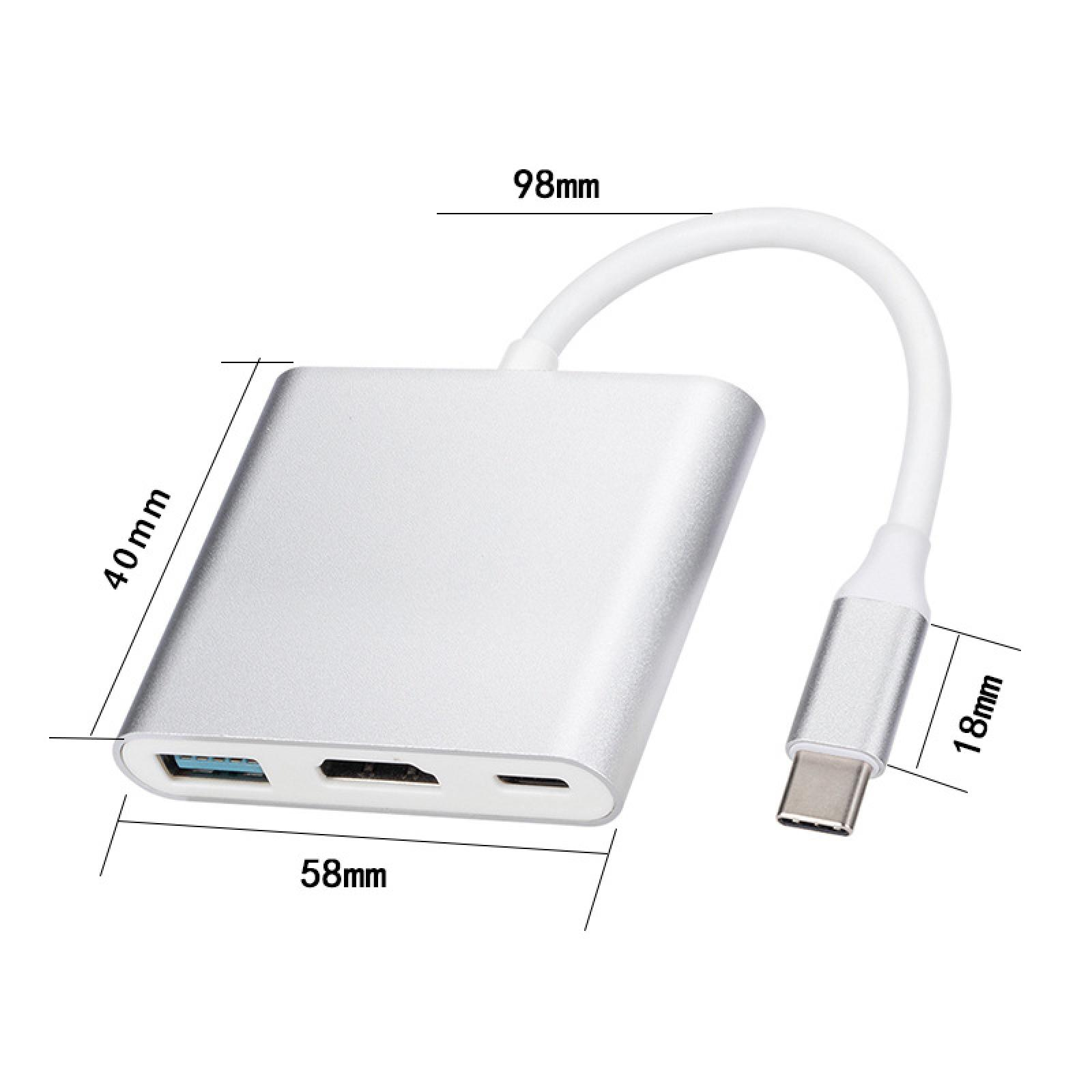 Silberner USB-C-Hub mit Maßangaben. Verfügt über Anschlüsse und ein weißes Kabel, das mit einem USB-C-Anschluss verbunden ist.