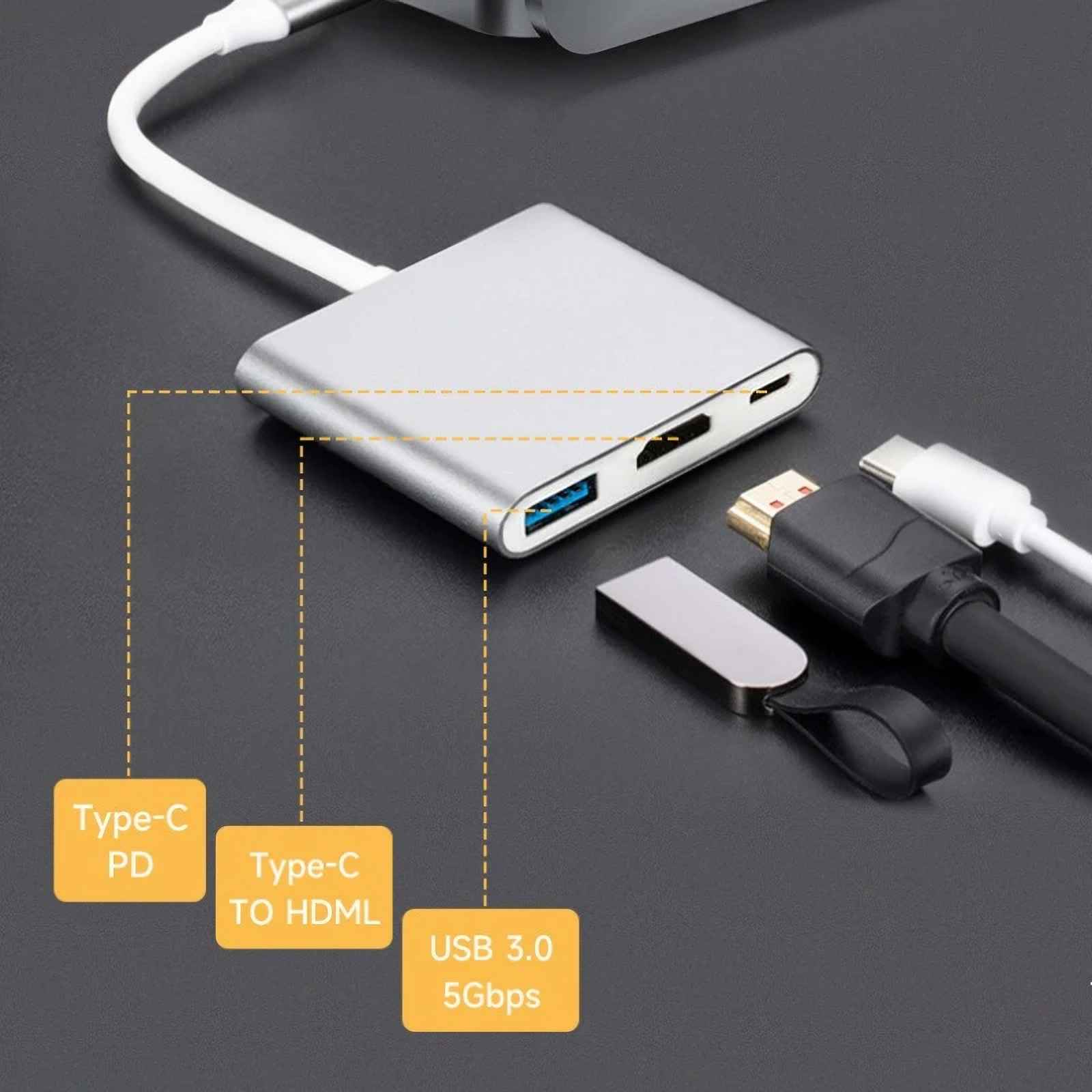 Silberner USB-Hub mit Kabeln und Etiketten für Typ-C-, USB 3.0- und HDMI-Anschlüsse auf dunkler Oberfläche.