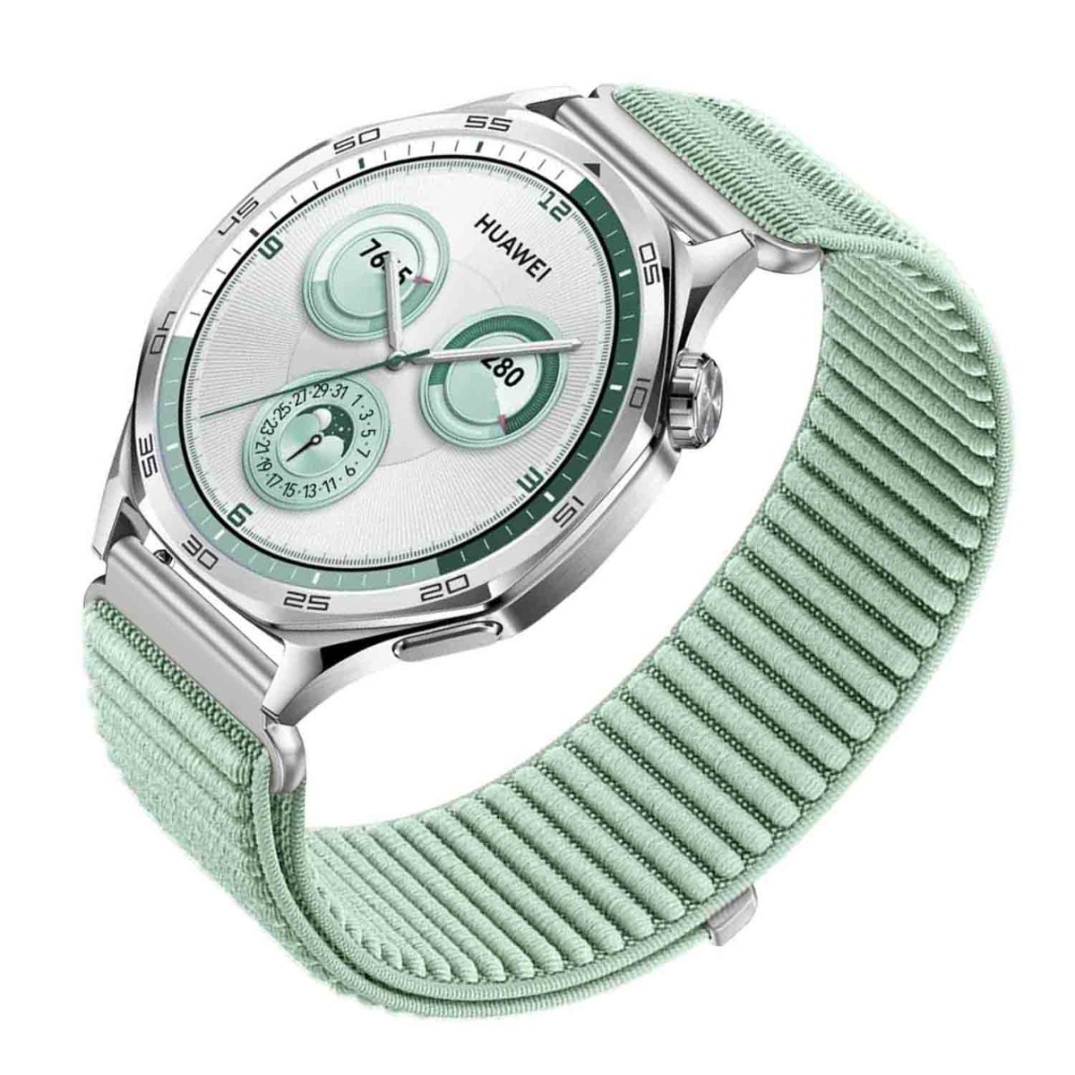 Uno smartwatch Huawei con cinturino in tessuto verde chiaro. Il quadrante è bianco con dettagli verdi, che mostra numeri e dati.
