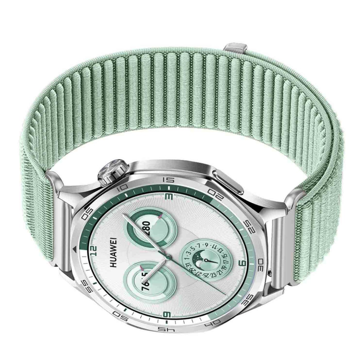 Uno smartwatch argentato con cinturino in tessuto verde menta. Il quadrante è bianco con dettagli verdi e mostra dati. Il logo HUAWEI è visibile.
