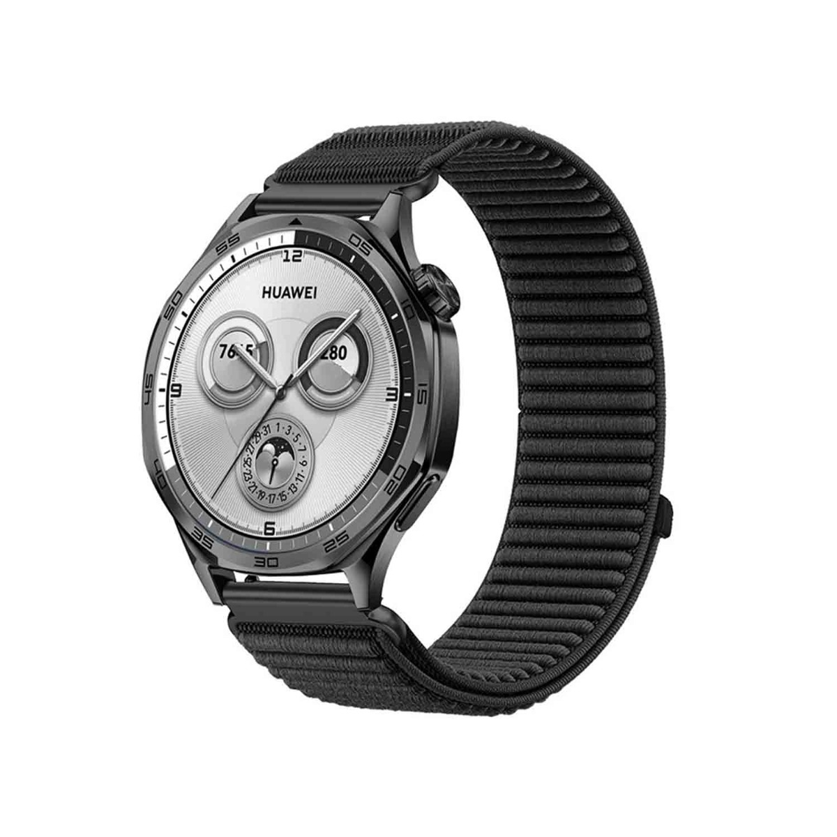 Uno smartwatch Huawei con cinturino nero. Il quadrante è argentato con lancette e numeri neri. Il cinturino è strutturato.