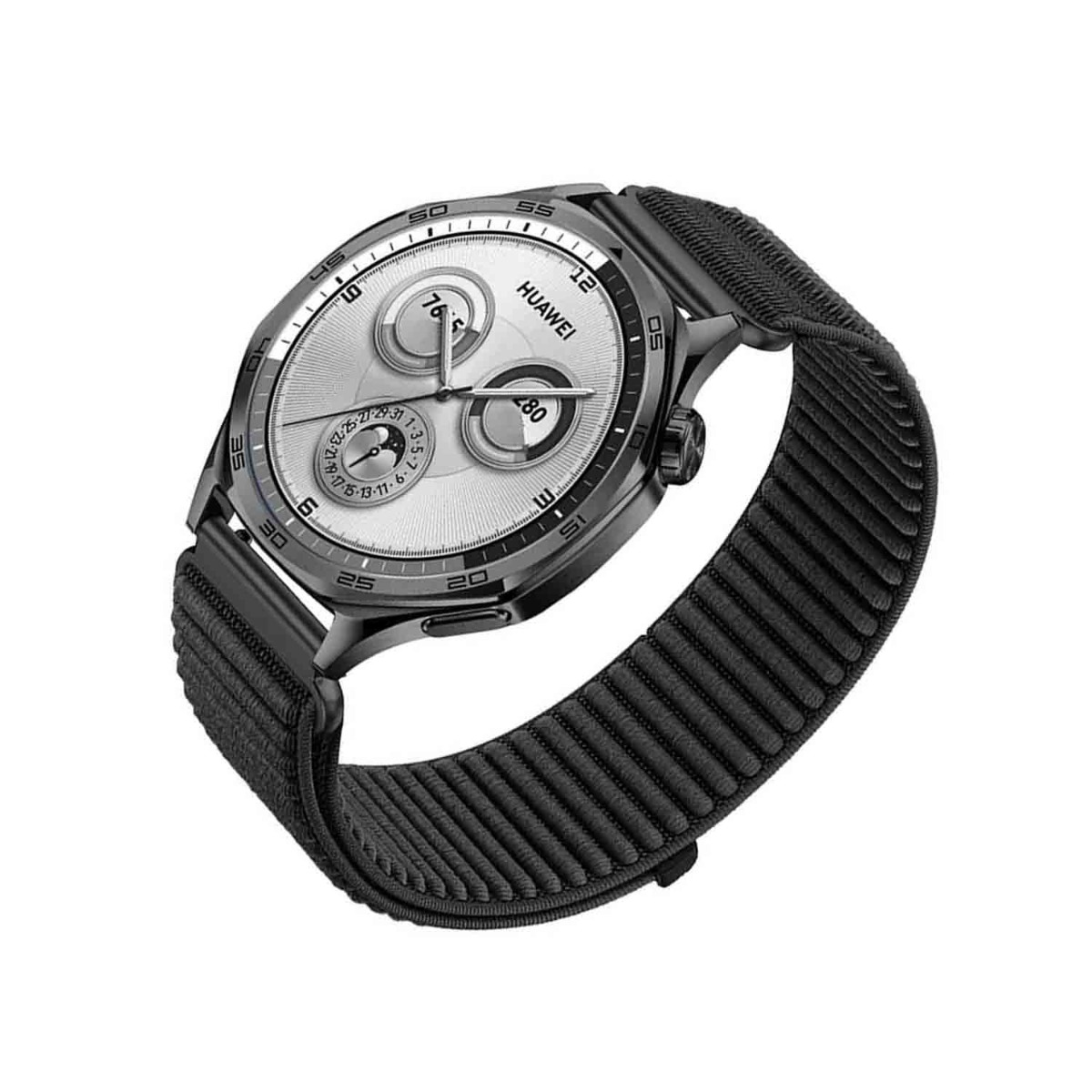 Uno smartwatch Huawei con quadrante argentato e cinturino nero. L'orologio mostra numeri e ha tre quadranti secondari. Il cinturino è strutturato.