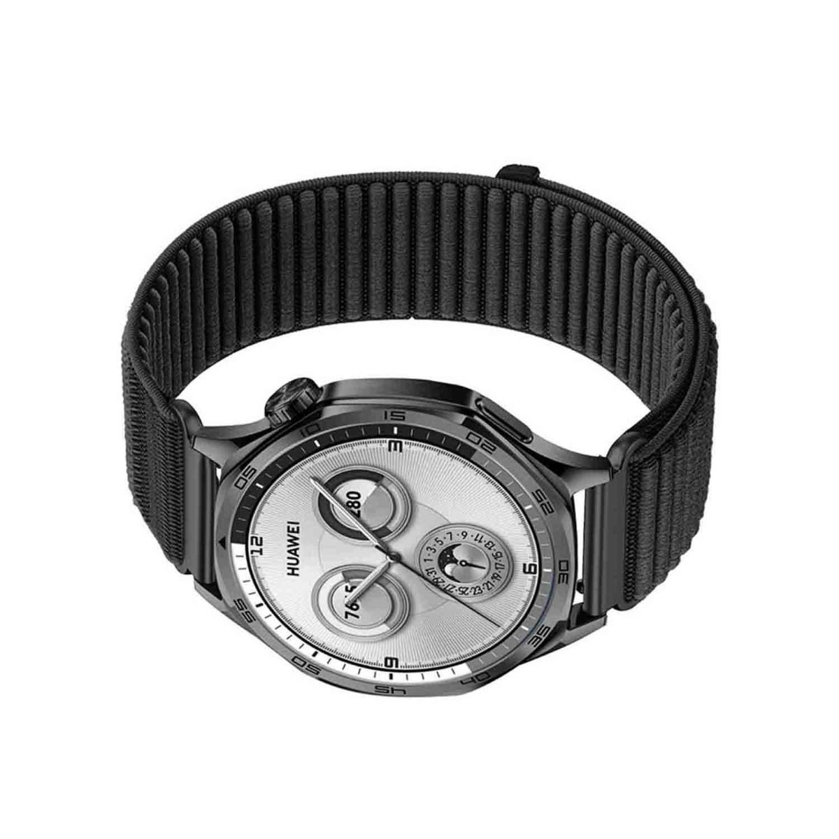 Uno smartwatch Huawei con cinturino nero e quadrante argentato, che mostra l'ora e altre funzioni. L'orologio è centrato.