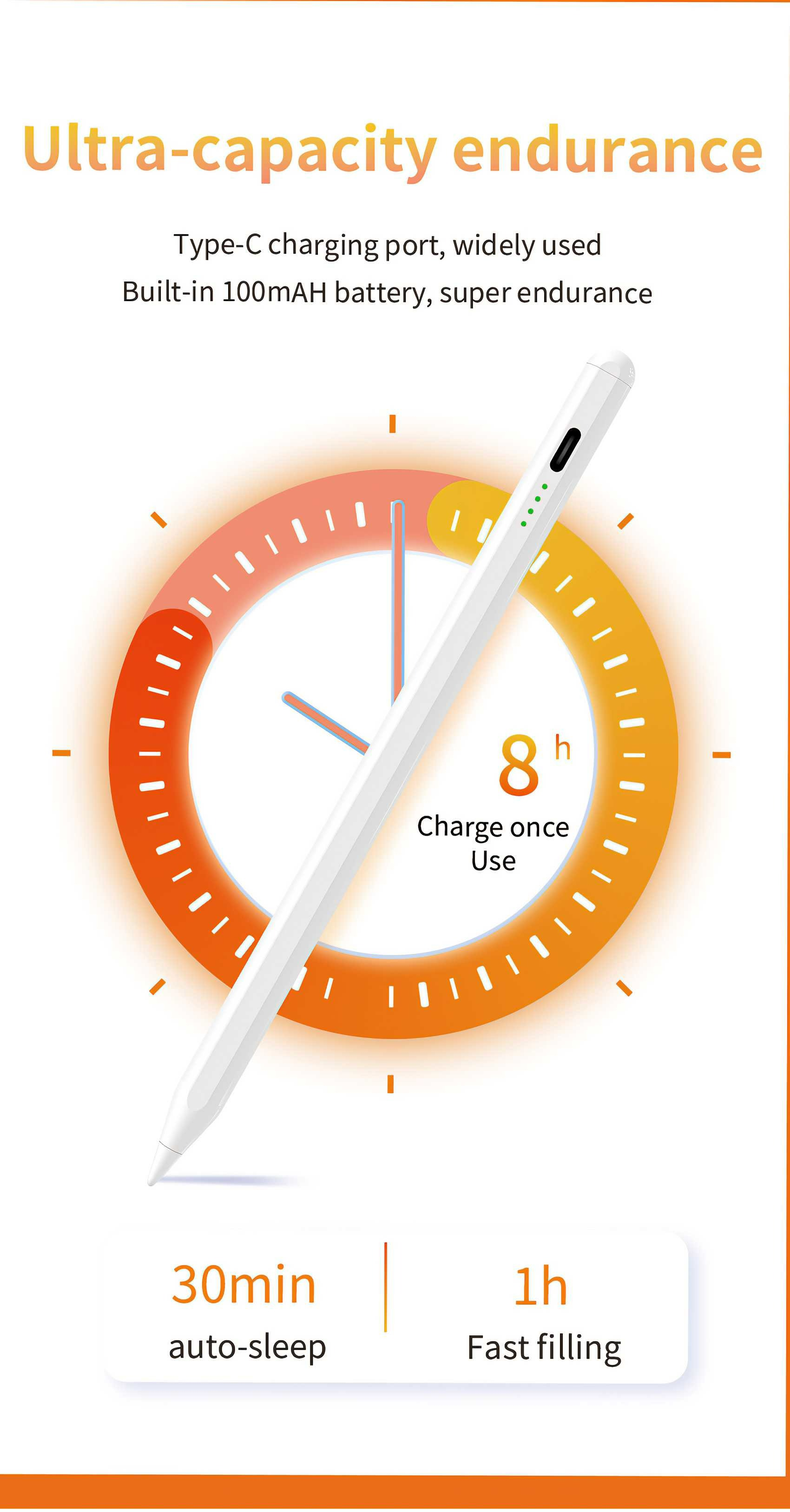 Weißer Stift über einem orangefarbenen Zifferblattdesign, das 8 Stunden Nutzung anzeigt. Details zu Laden und Auto-Sleep sind vorhanden.