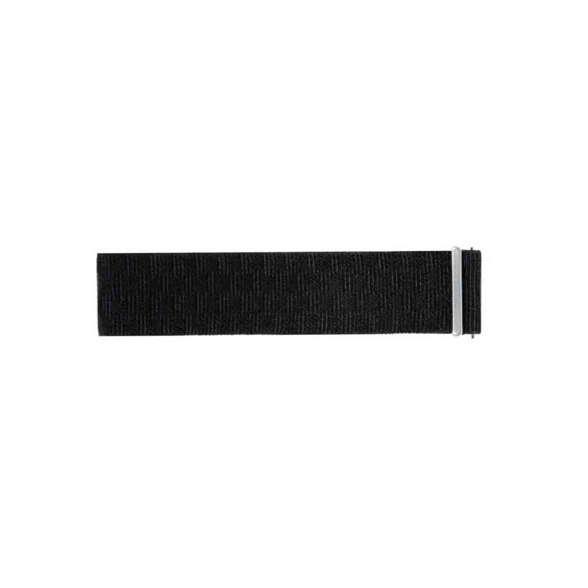 Nahaufnahme eines schwarzen Uhrenarmbands mit silberner Schnalle vor schlichtem, weißem Hintergrund.