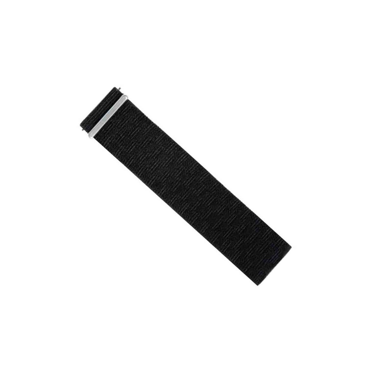 Ein schwarzes Uhrenarmband mit silberner Schließe, schräg auf weißem Hintergrund. Das Armband hat eine strukturierte Oberfläche.
