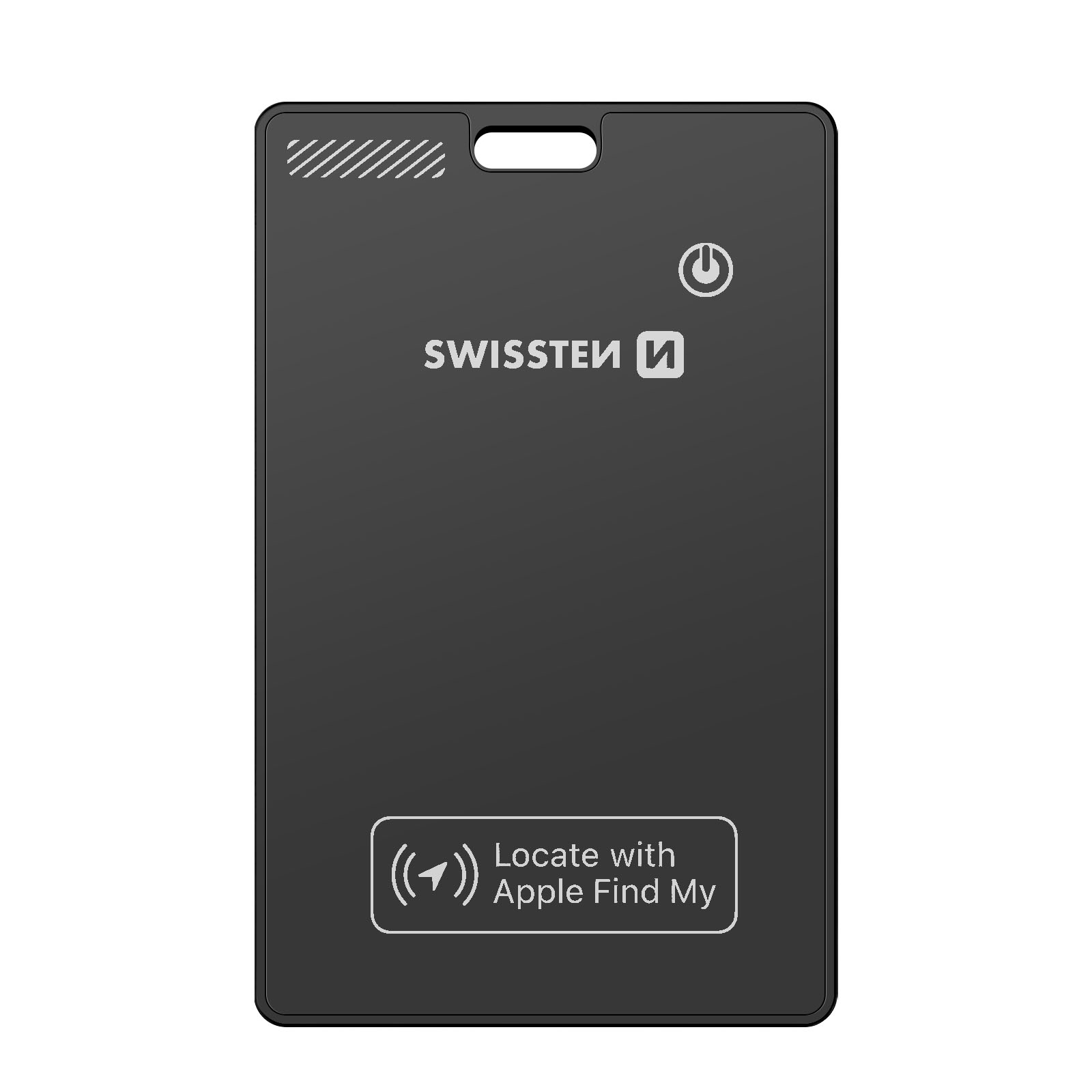 Dispositivo rettangolare nero con testo e loghi bianchi. C'è scritto 'SWISSTEИ' e 'Locate with Apple Find My'.