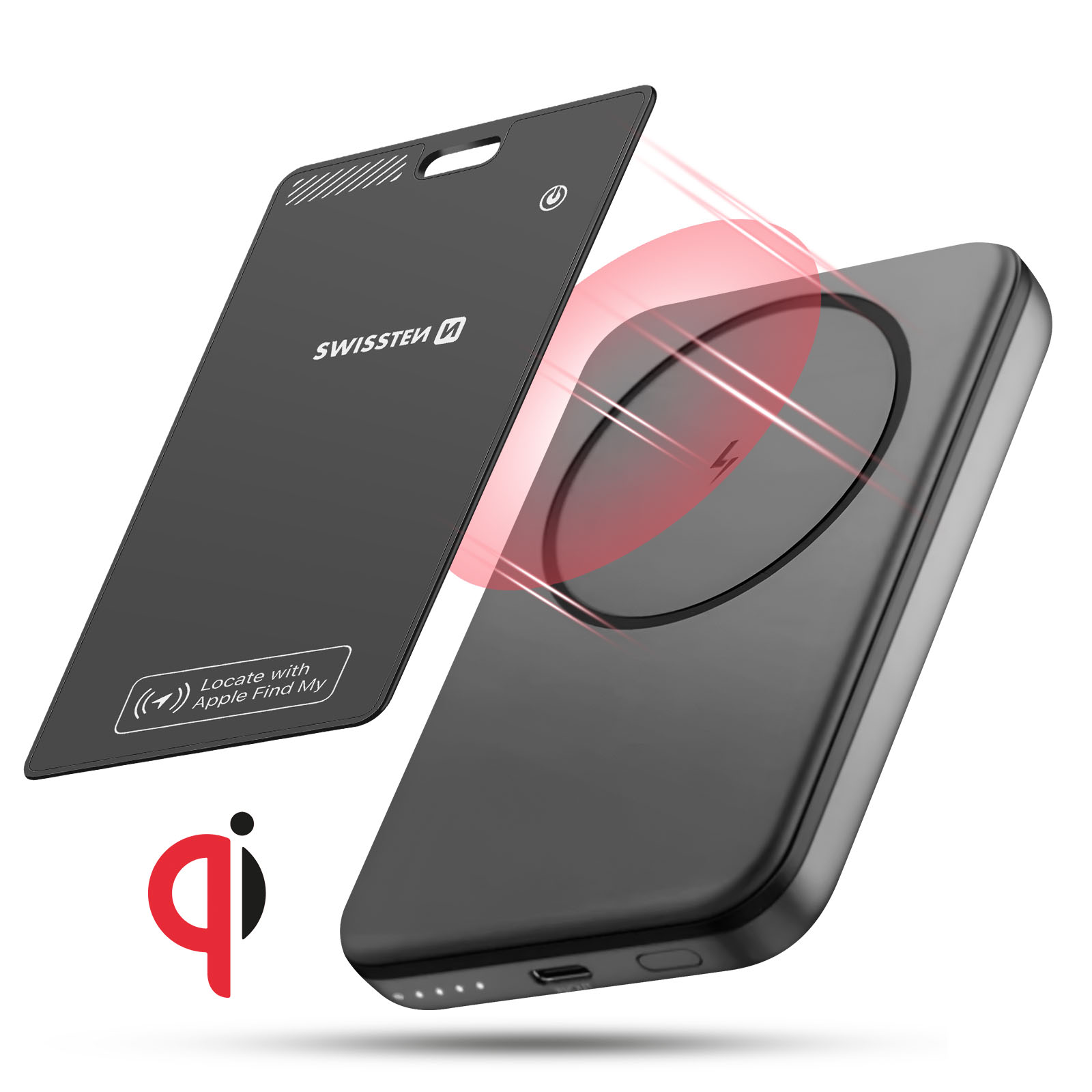 Caricabatterie e scheda wireless neri. La scheda ha logo e testo. I raggi di luce rossa mostrano la carica. Logo Qi nell'angolo.