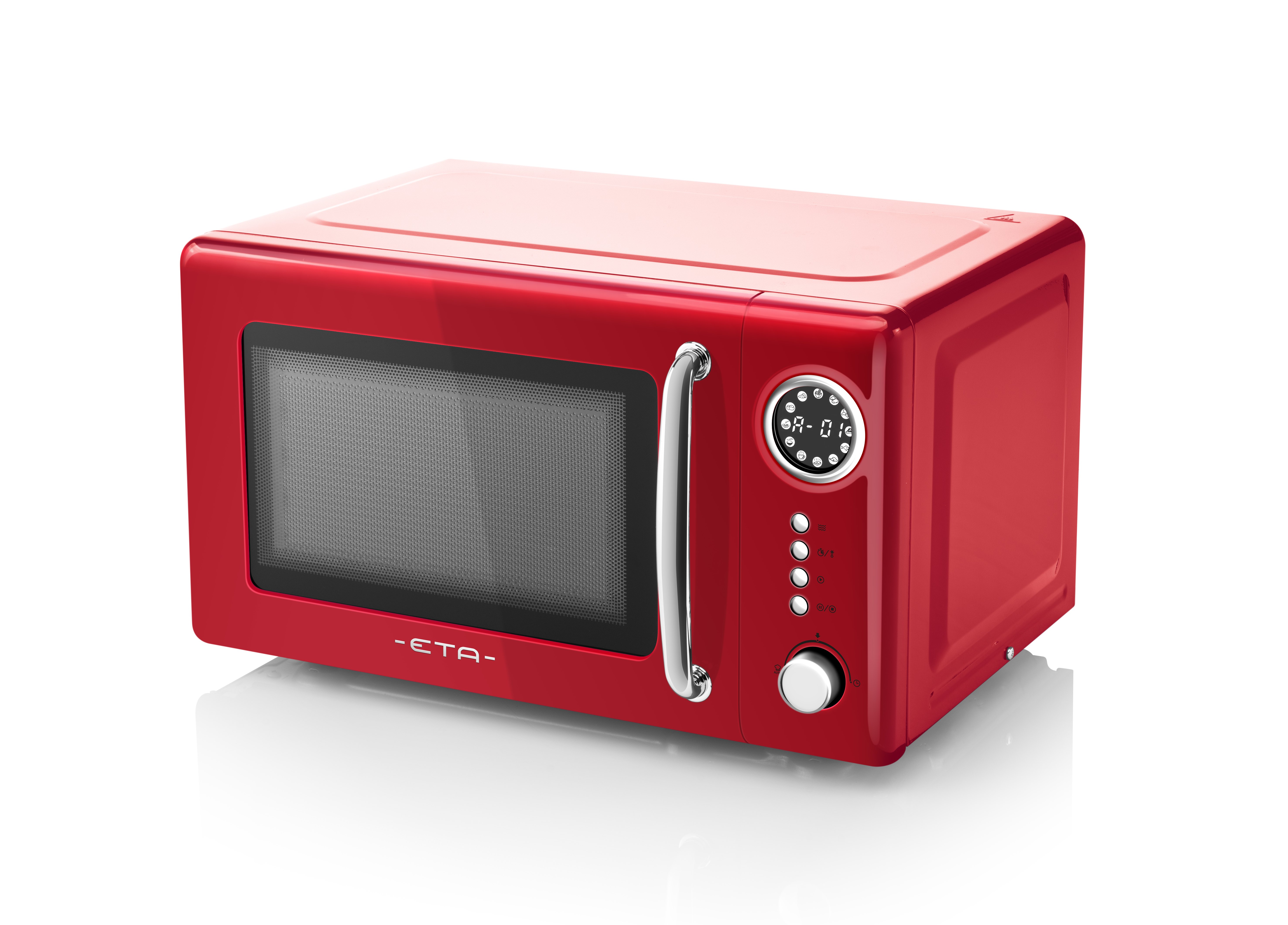 Un forno a microonde rosso su una superficie bianca. Ha un display digitale e una maniglia.