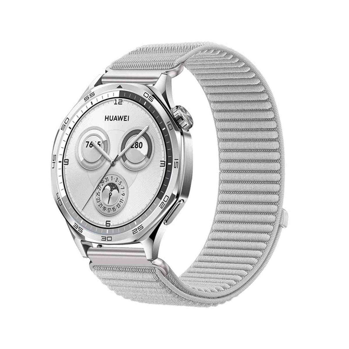 Uno smartwatch Huawei con cassa argentata e cinturino grigio chiaro. Il quadrante è bianco con numeri e indicatori neri.