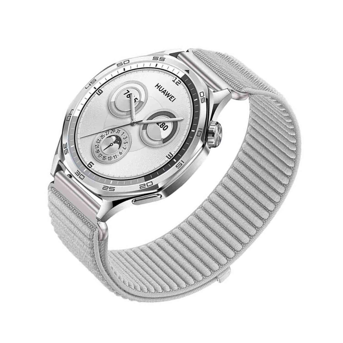 Uno smartwatch Huawei argentato con cinturino grigio chiaro. Il quadrante mostra numeri e indicatori. Il cinturino è strutturato.