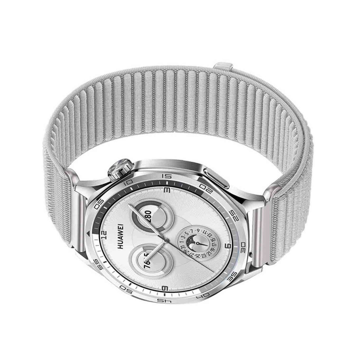 Uno smartwatch Huawei argentato con cinturino in tessuto grigio è centrato. Il quadrante mostra numeri e quadranti più piccoli.