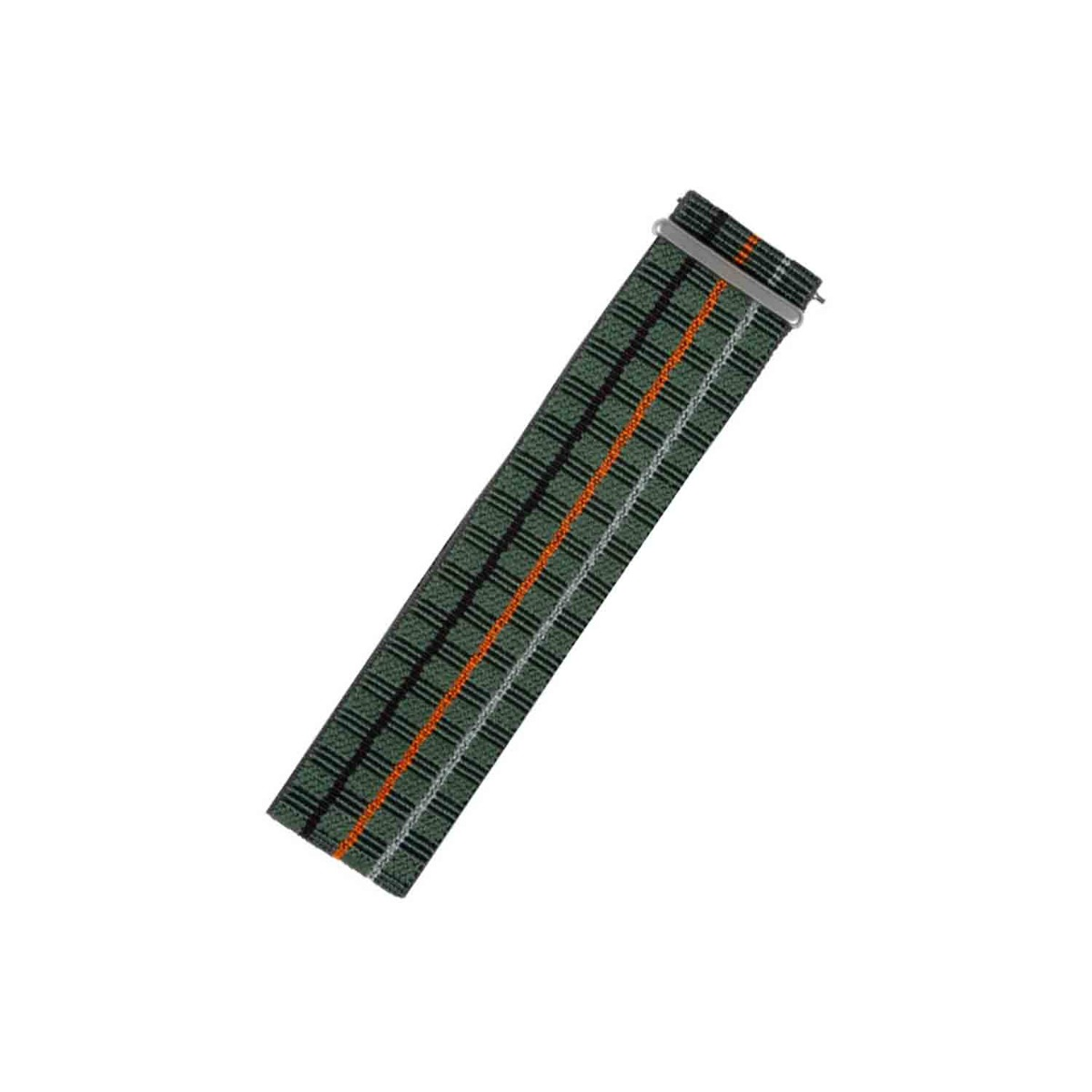 Ein grünes Uhrenarmband mit einem Karomuster aus schwarzen, orangefarbenen und weißen Linien. Oben befindet sich ein silberner Metallverschluss.