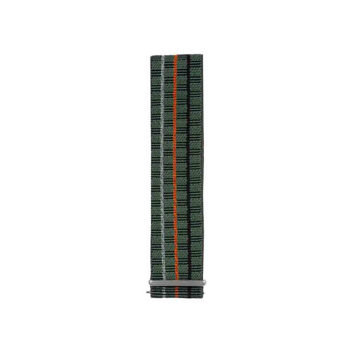 Ein grünes Uhrenarmband mit orangefarbenen und weißen Streifen. Es hat schwarze vertikale Linien und einen Metallverschluss.