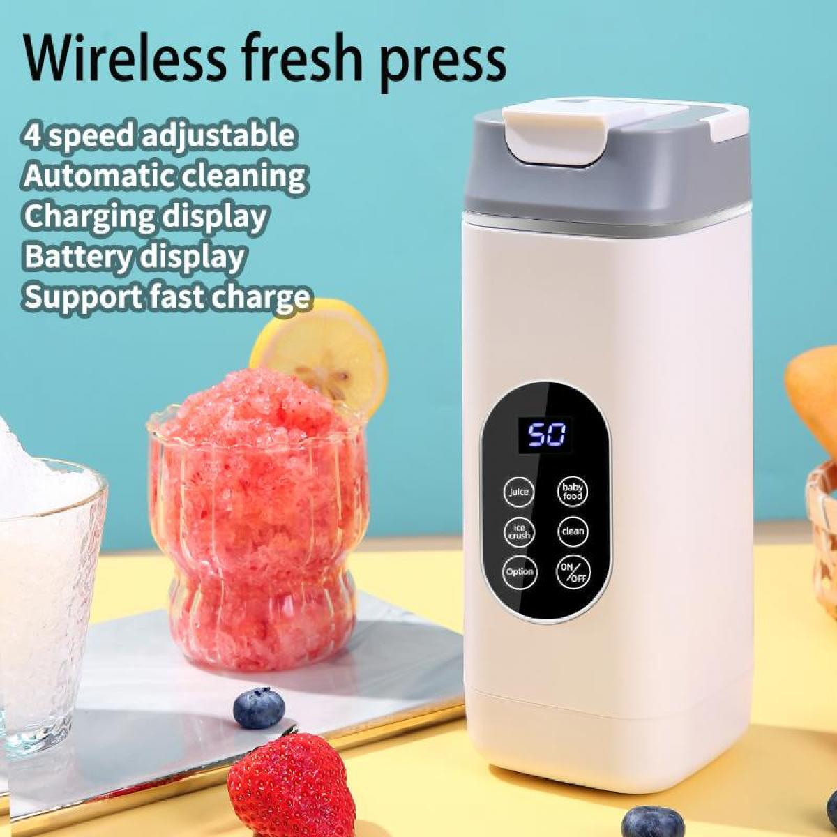 Ein weiß-grauer Mixer mit Digitalanzeige. Er hat Saft-, Babynahrungs- und Reinigungsoptionen. Davor ein Glas mit rosa Slush.