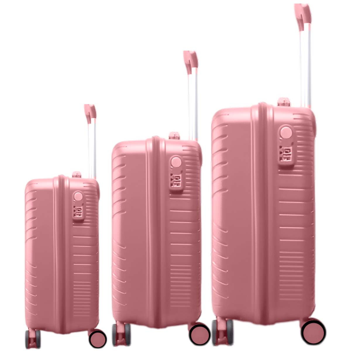 Tre valigie rosa di diverse dimensioni, con manici estesi. Hanno ruote, serrature e una superficie strutturata.