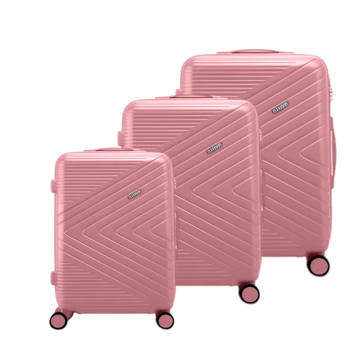 Tre valigie rosa di diverse dimensioni. Ognuna ha ruote e il marchio 'Allura'.