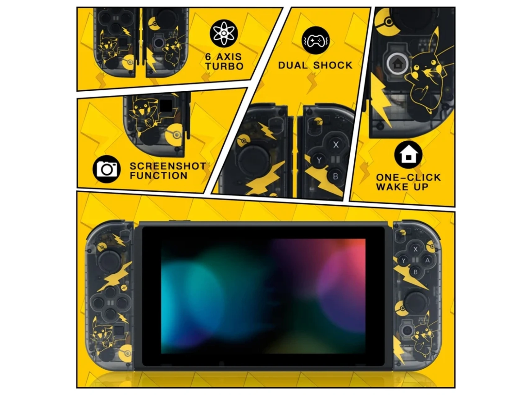 Eine Nintendo Switch-Konsole mit Pikachu-Controllern und Funktionen: 6 Axis Turbo, Dual Shock, Screenshot und One-Click Wake Up.