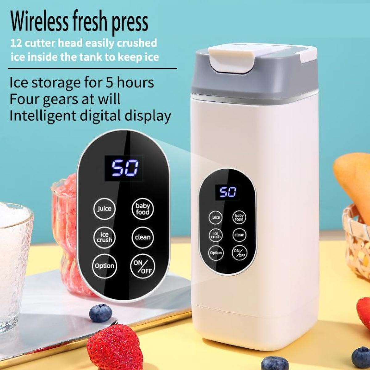 Ein weiß-grauer Entsafter mit digitaler Anzeige, Knöpfen und Text. Beeren und ein Glas Saft sind im Vordergrund.
