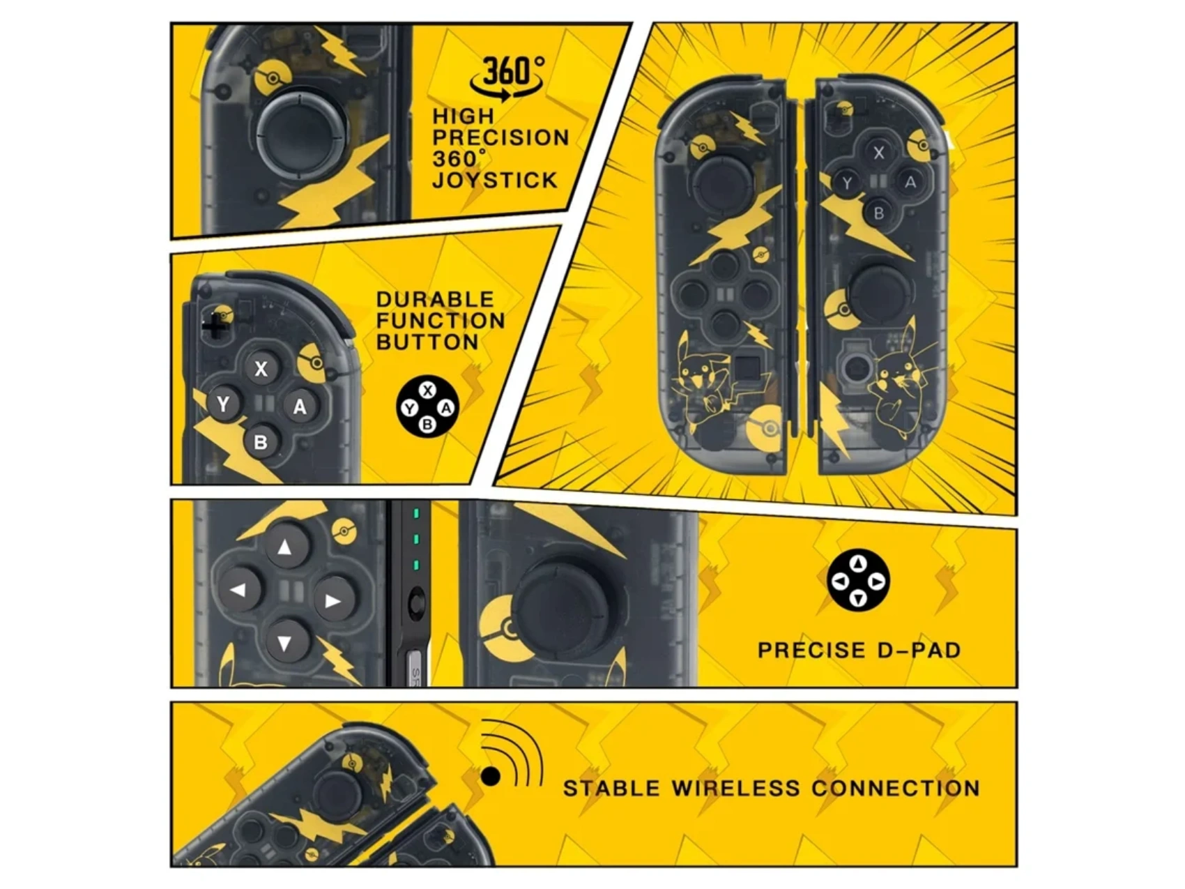 Ein gelb-schwarzer Game-Controller mit Pikachu-Designs, Tasten, Joystick und einer drahtlosen Verbindung.