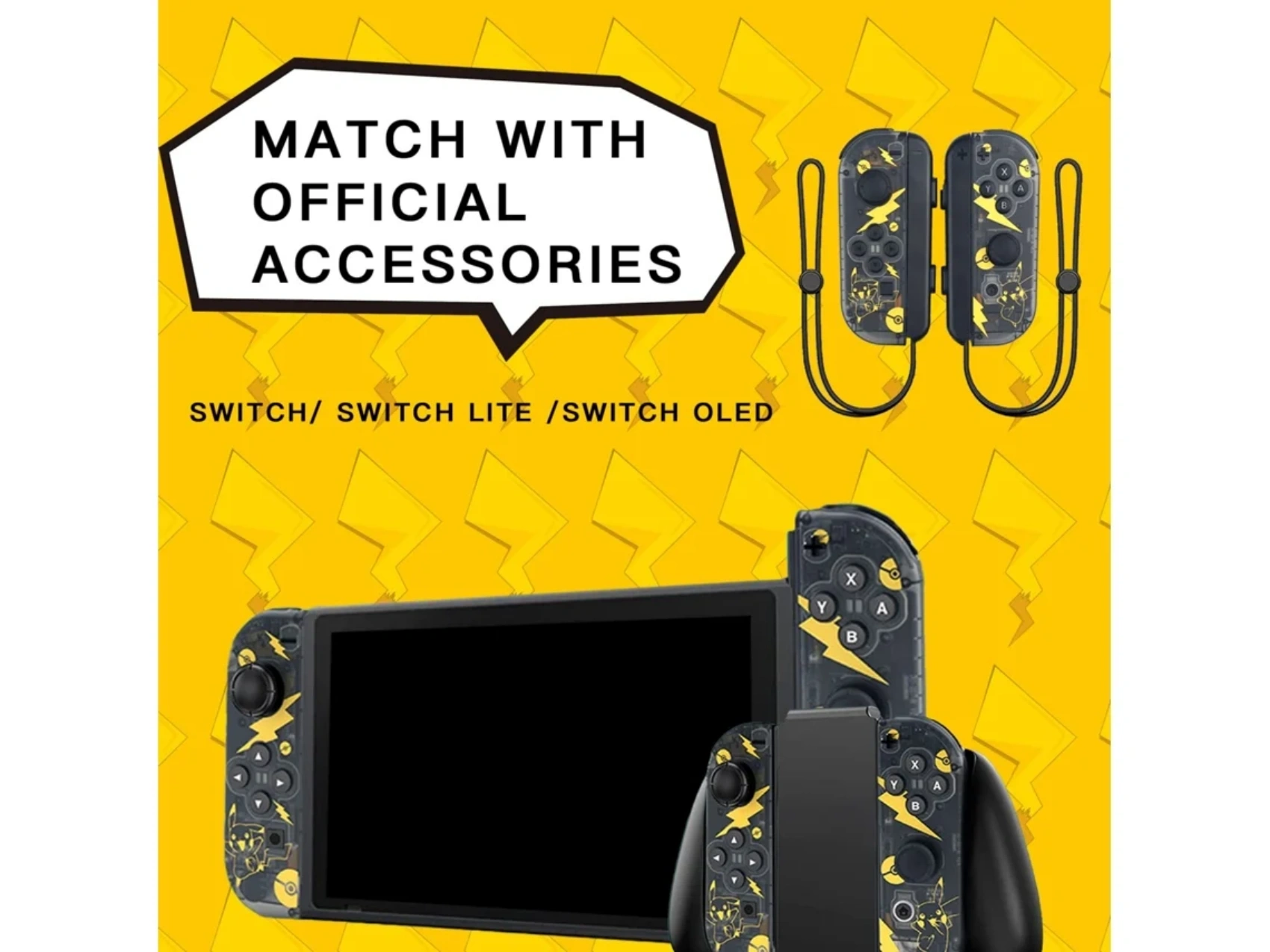 Gelber Hintergrund mit Spielkonsole und Controllern. Text: PASSEND ZU OFFIZIELLEM ZUBEHÖR. Switch, Switch Lite, Switch OLED.