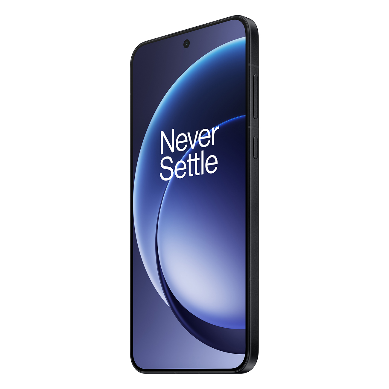 Czarny smartfon z zakrzywionym ekranem wyświetla niebiesko-biały wzór ze słowami 'Never Settle'. Telefon ma przyciski z boku.