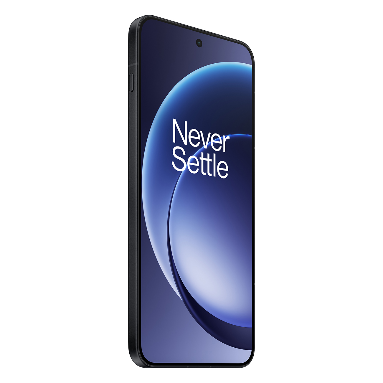 Czarny smartfon wyświetla niebiesko-białą grafikę ze słowami "Never Settle". Telefon jest lekko przechylony w prawo.