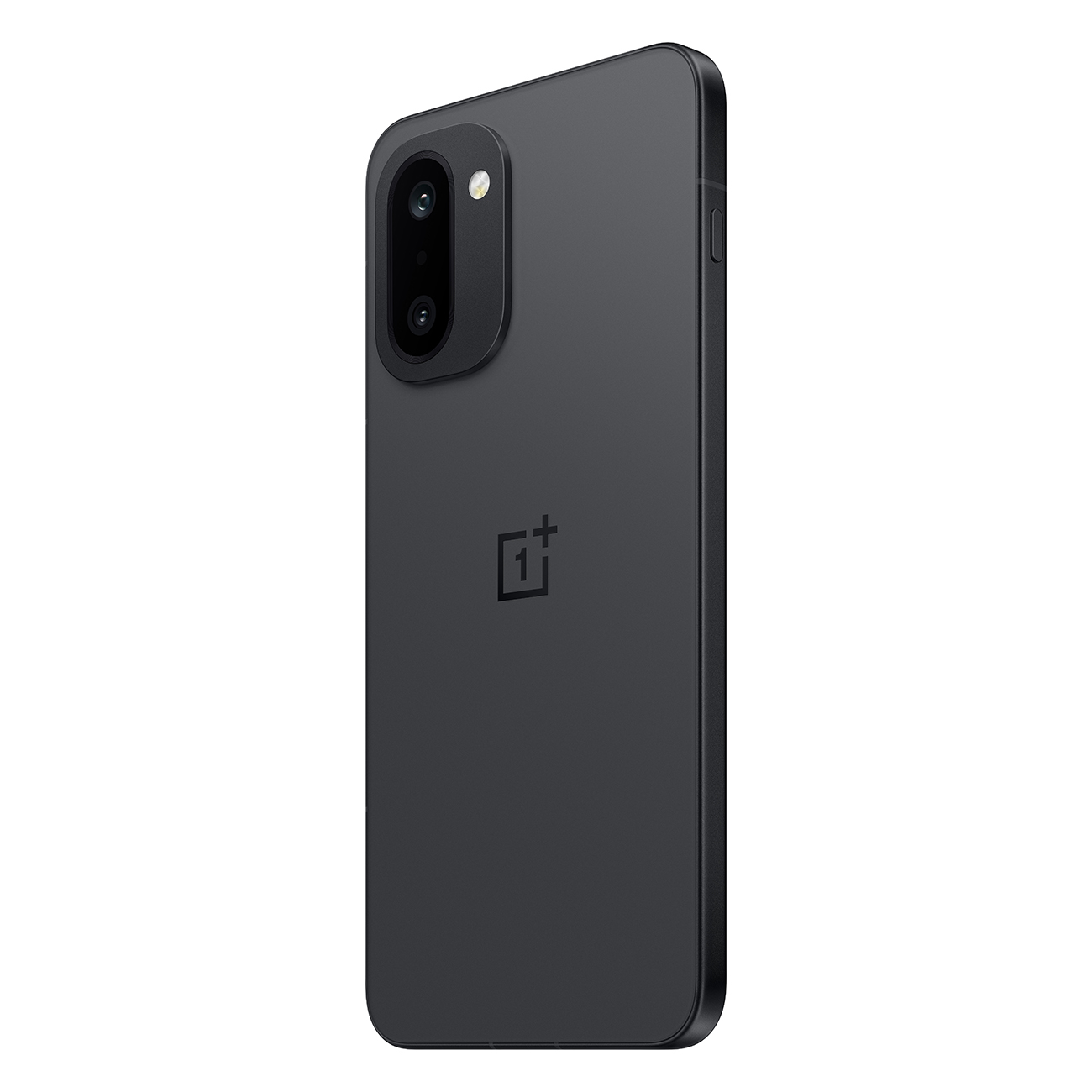 Ciemnoszary smartfon jest ustawiony pod kątem, pokazując aparat i logo marki. Tło jest jednolicie białe.