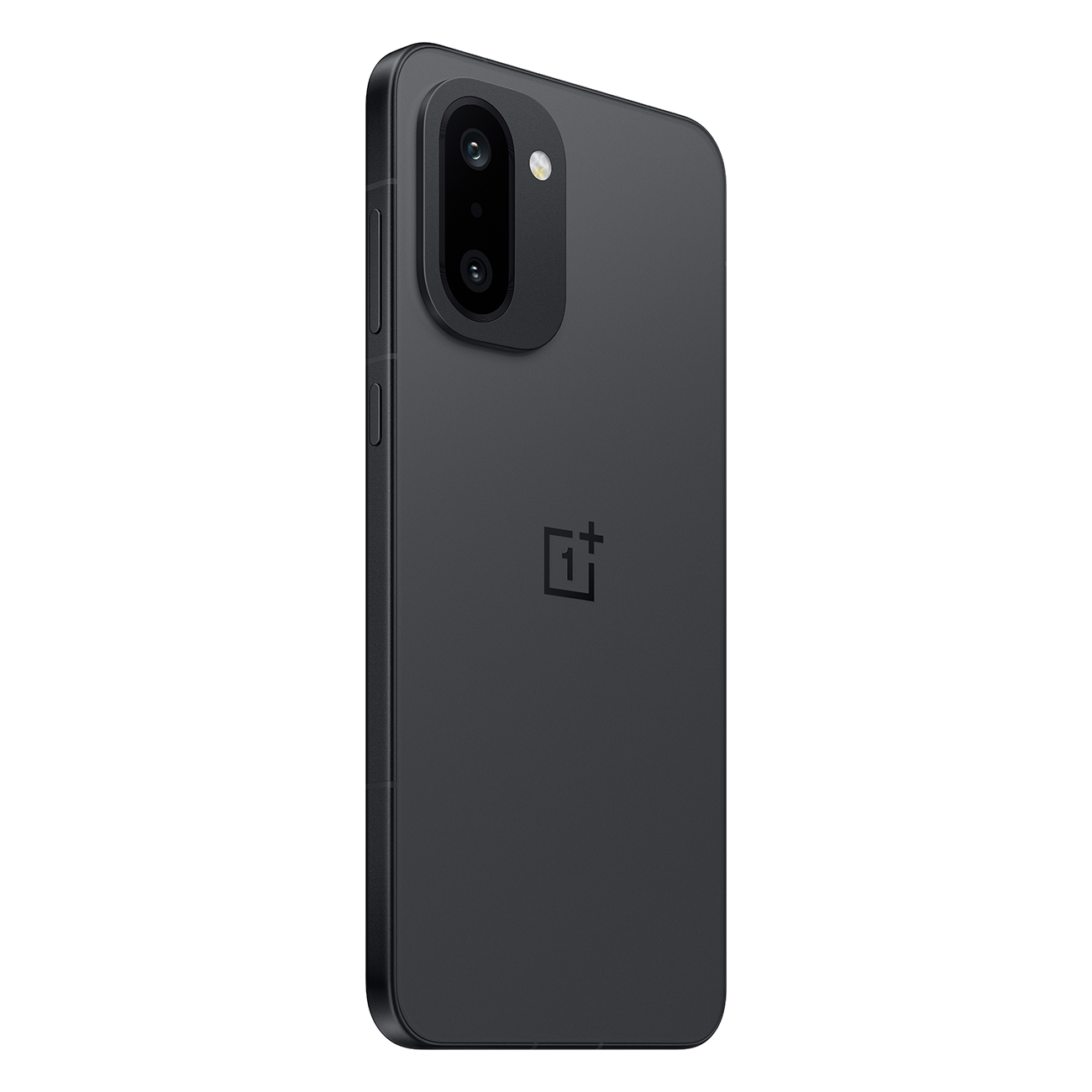 Ciemnoszary smartfon jest pochylony w prawo, pokazując moduł aparatu i logo OnePlus. Jest na białym tle.