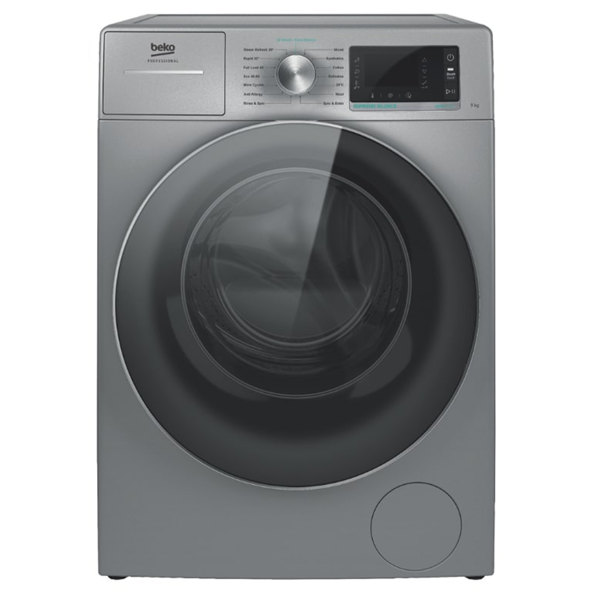 Eine graue Beko-Waschmaschine. Sie hat eine runde Glastür. Bedienfeld oben, mit Knöpfen und einem Drehknopf.