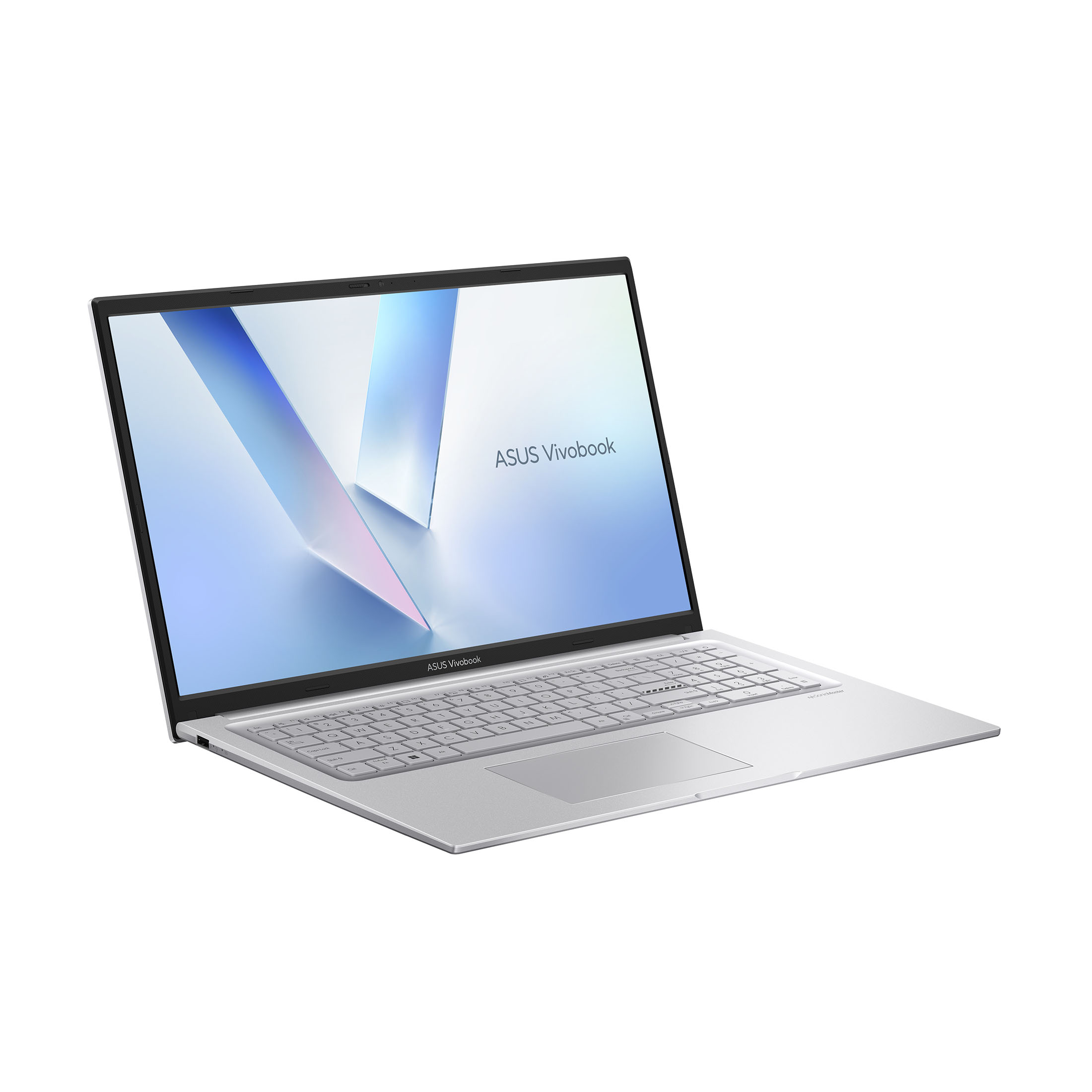 Silberner ASUS Vivobook Laptop auf weißem Hintergrund. Der Bildschirm zeigt das ASUS Vivobook Logo. Tastatur sichtbar. Aufnahmewinkel.