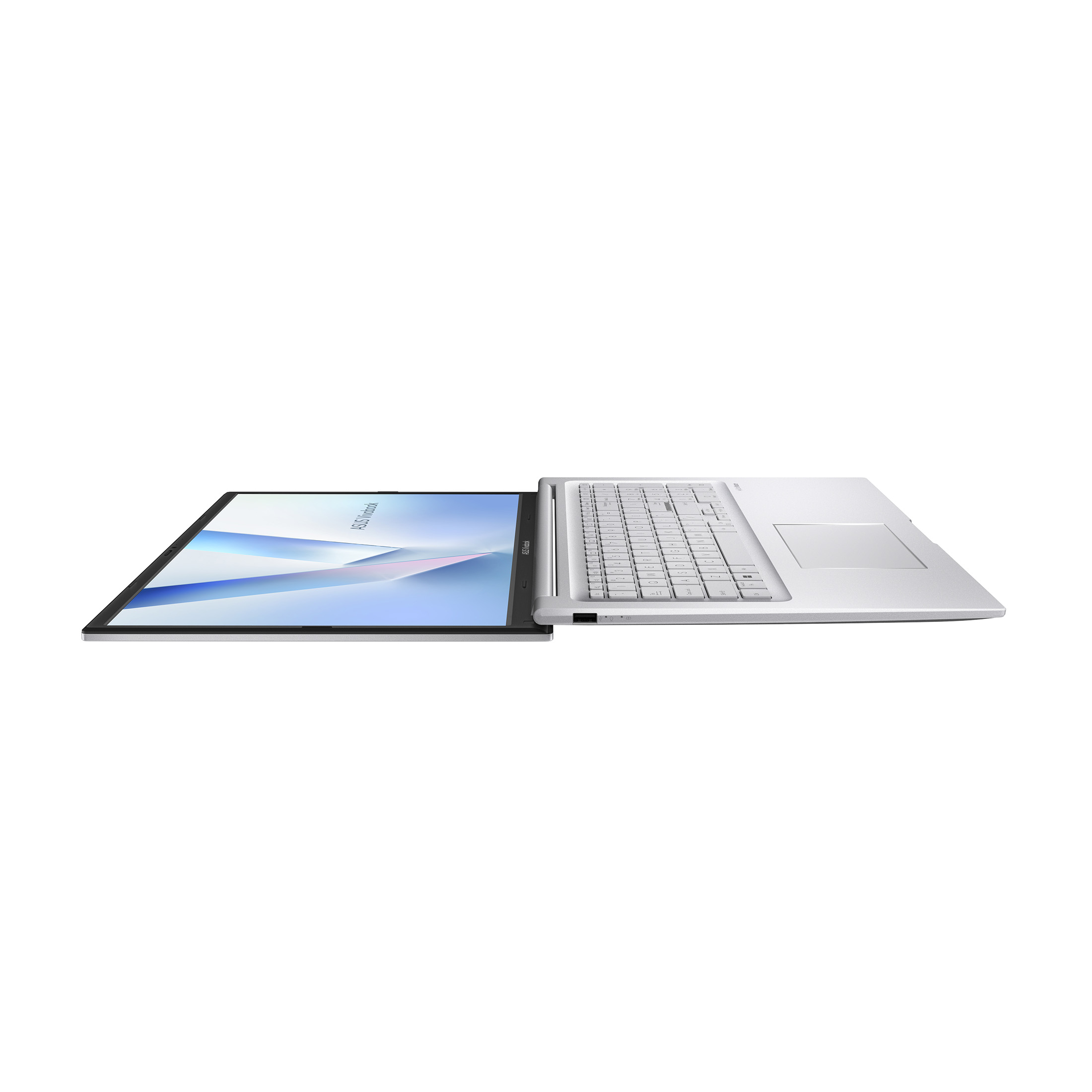 Silberner Laptop, offen, zeigt einen Bildschirm mit blauem und weißem Muster. Tastatur und Touchpad sind sichtbar.