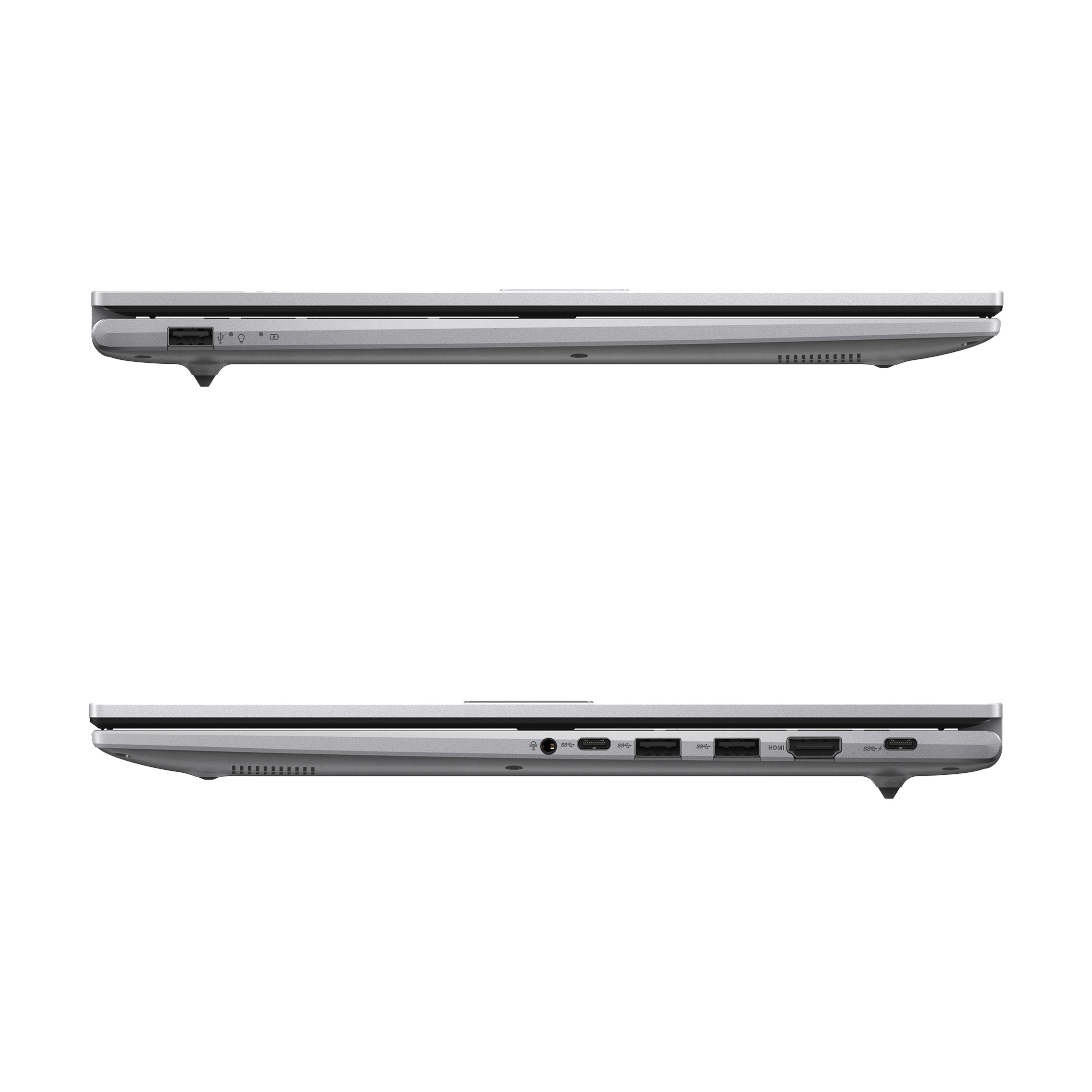 Seitenansicht eines silbernen Laptops. Zeigt Anschlüsse und Lüfter. Der Laptop befindet sich auf weißem Hintergrund.