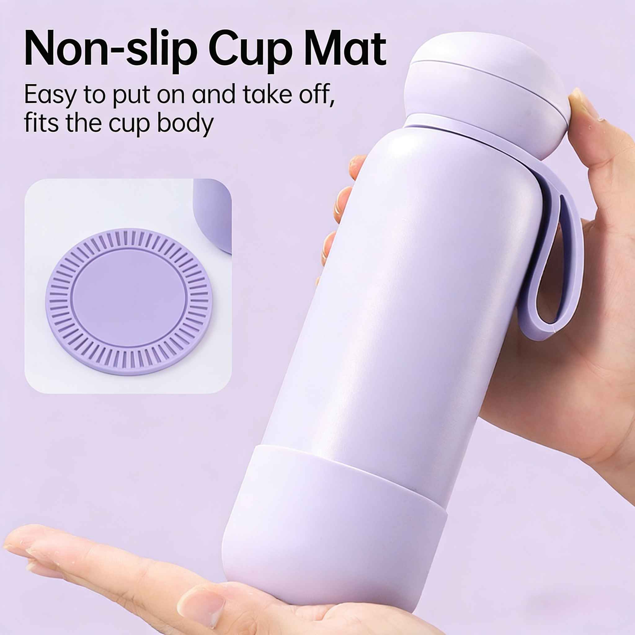 Eine lavendelfarbene Tasse mit passendem Untersetzer wird von einer Hand gehalten. Der Text lautet 'Non-slip Cup Mat'.