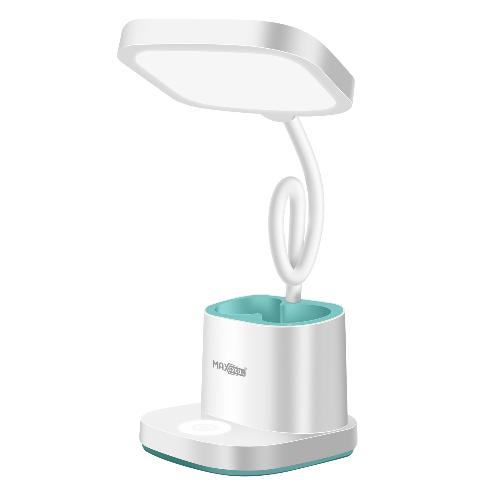 Una lámpara de escritorio blanca con luz cuadrada, cuello flexible y base con borde turquesa.