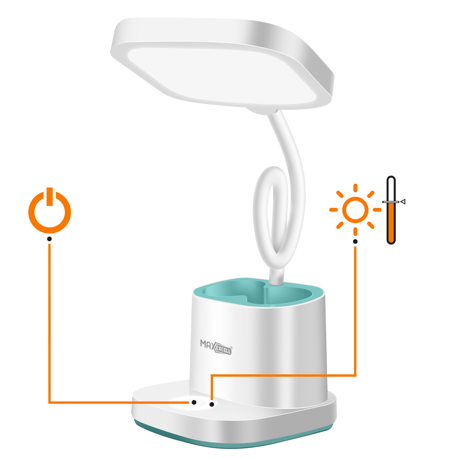Una lámpara de escritorio blanca con base azul-verde. Tiene un botón de encendido, control de brillo y está sobre fondo blanco.