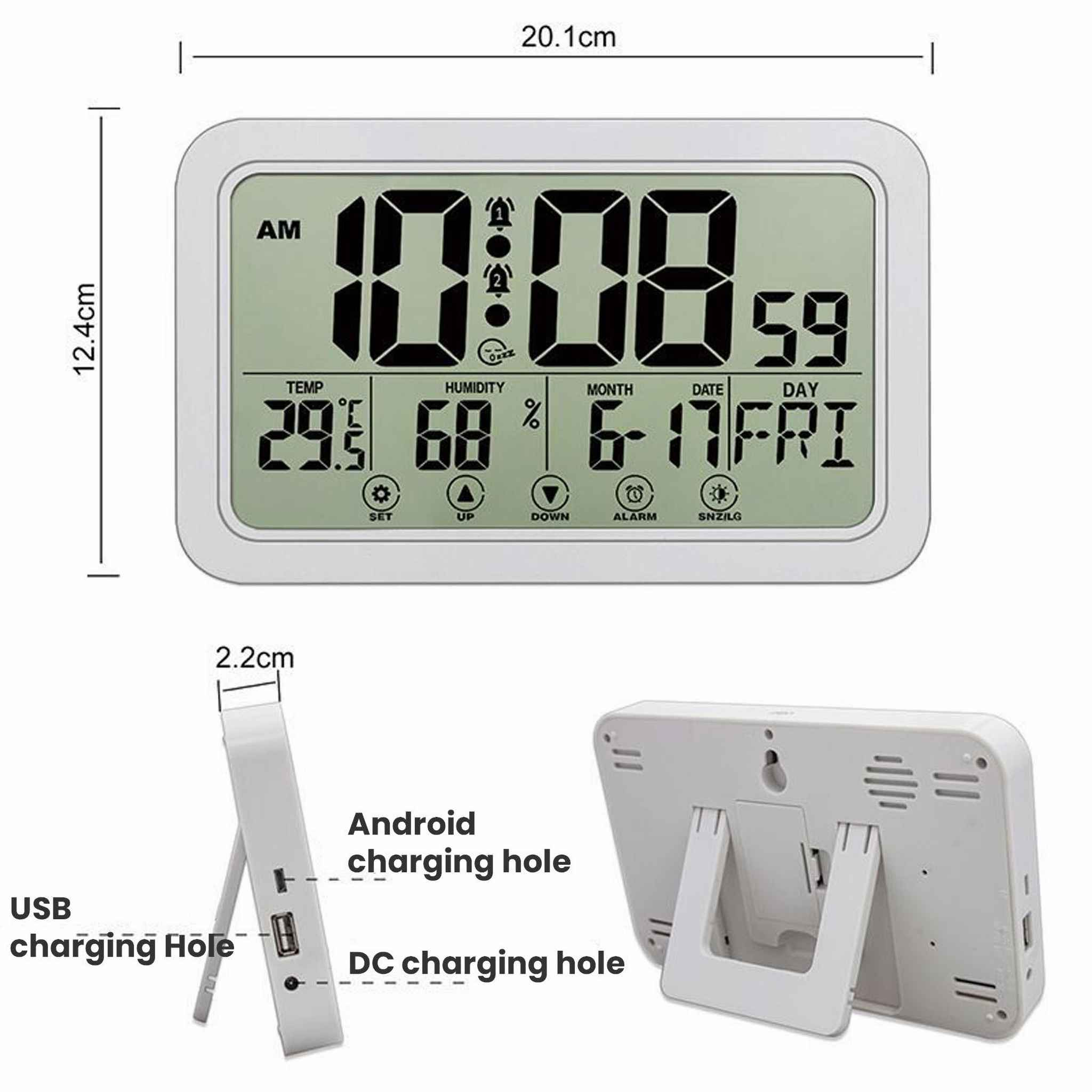 Eine Digitaluhr mit Zeit, Datum und Temperatur. Sie hat Ladeanschlüsse und einen Ständer. Messungen sind angegeben.