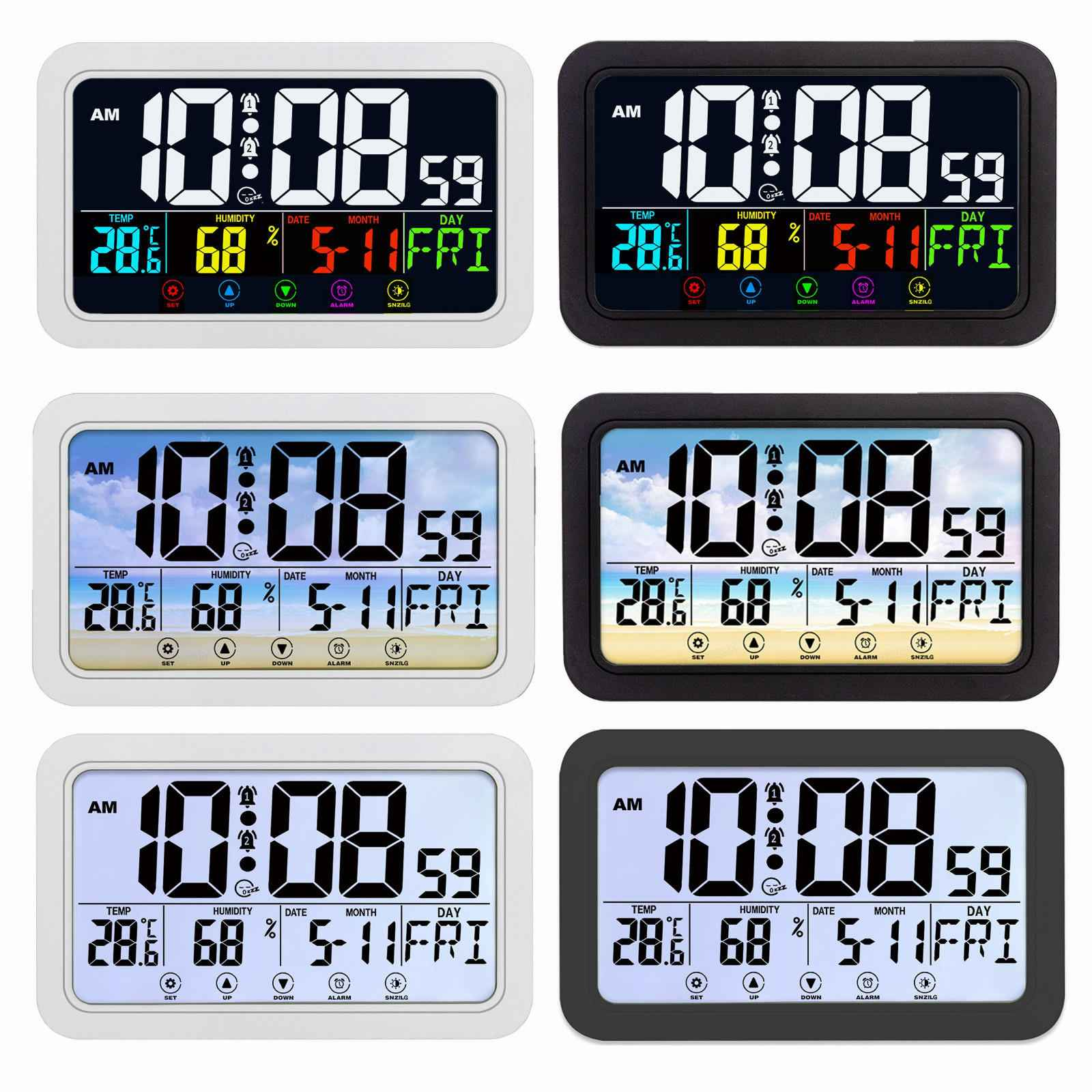 Digitaluhr mit Uhrzeit, Datum, Luftfeuchtigkeit und Temperatur. Mehrere Uhren mit schwarzen oder weißen Rahmen werden angezeigt.