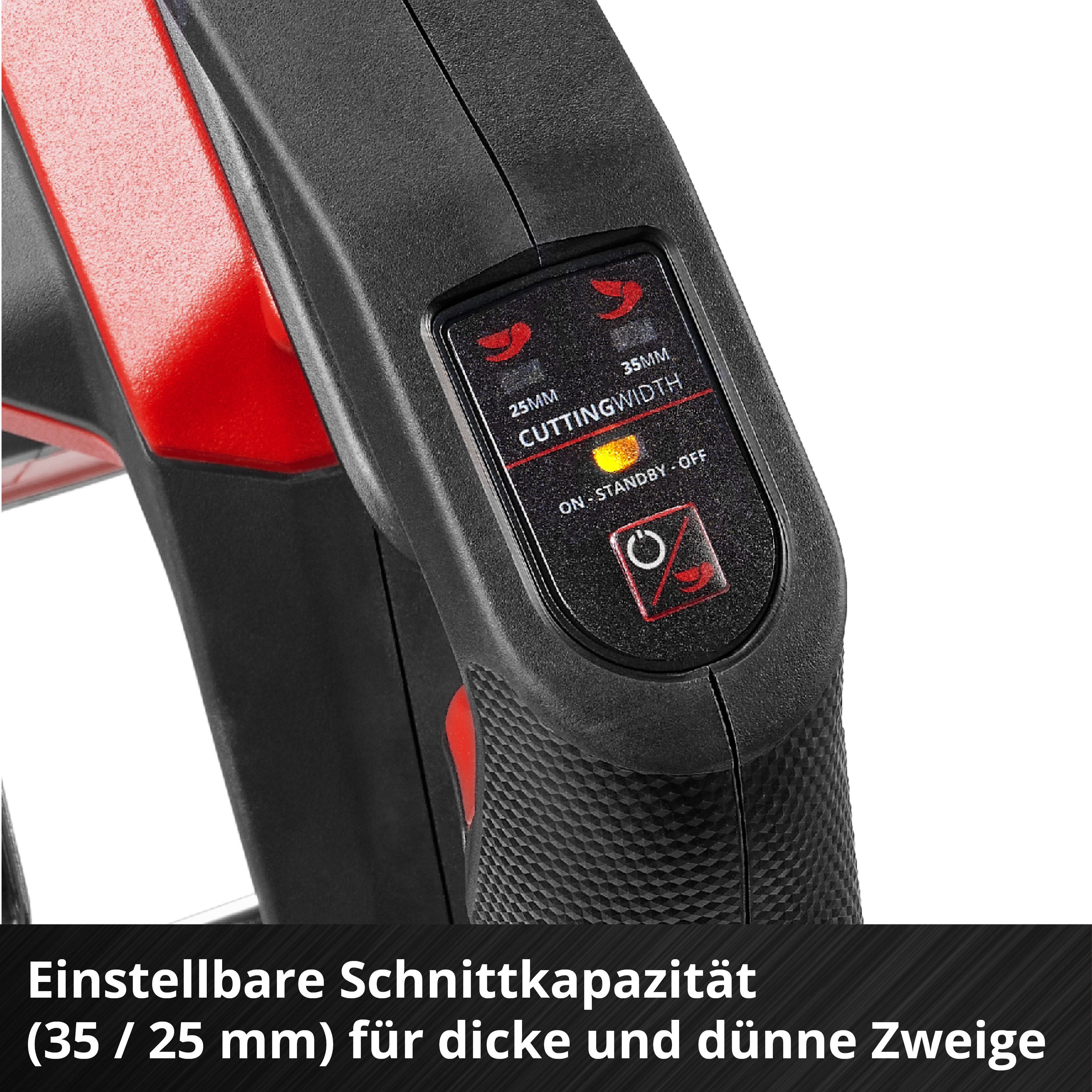 Nahaufnahme eines schwarz-roten Werkzeugs mit Bedienfeld, das Schnittbreiten und den Ein-/Aus-Knopf zeigt.