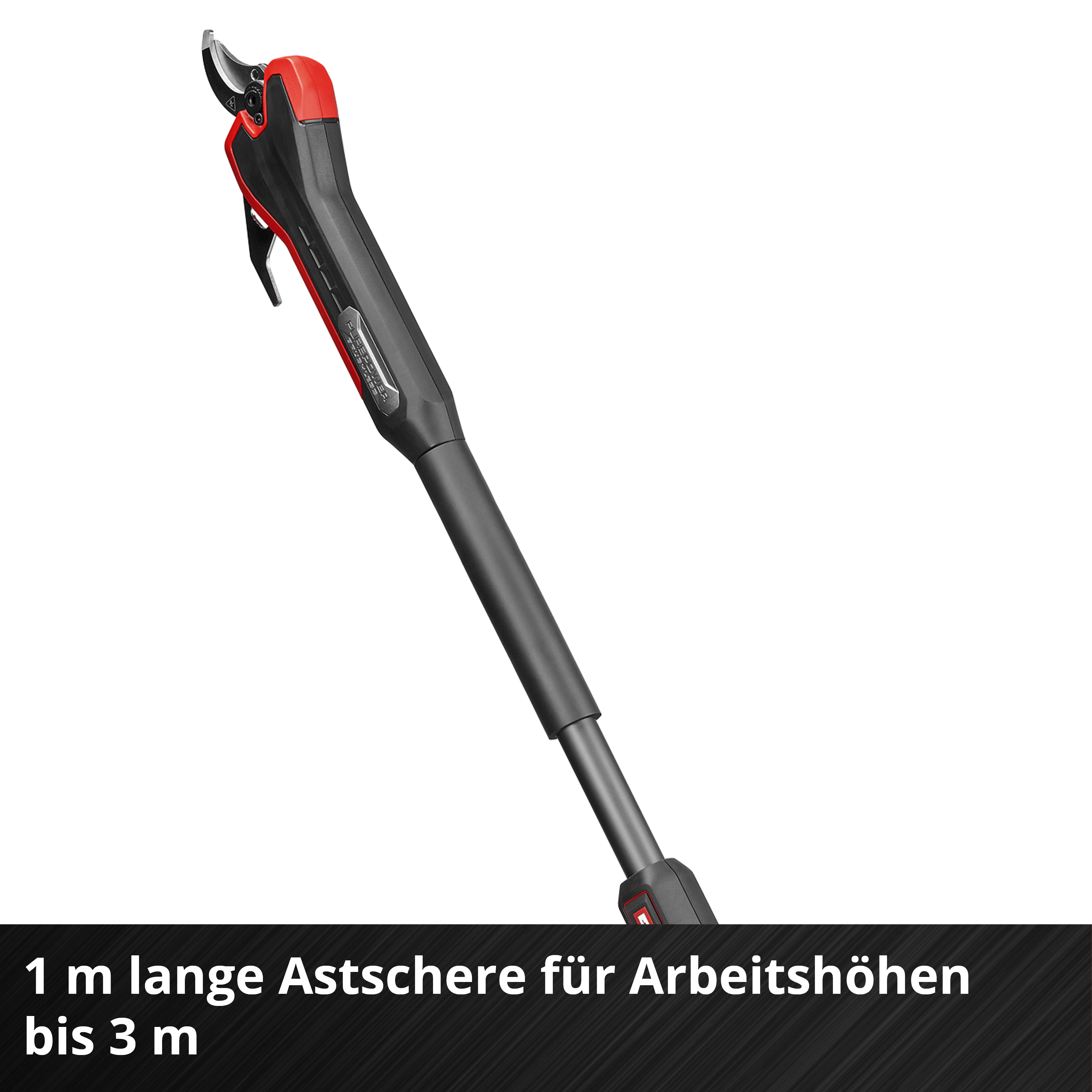 Eine ausziehbare Astschere, schwarz und rot, vor weißem Hintergrund, mit Text unten.