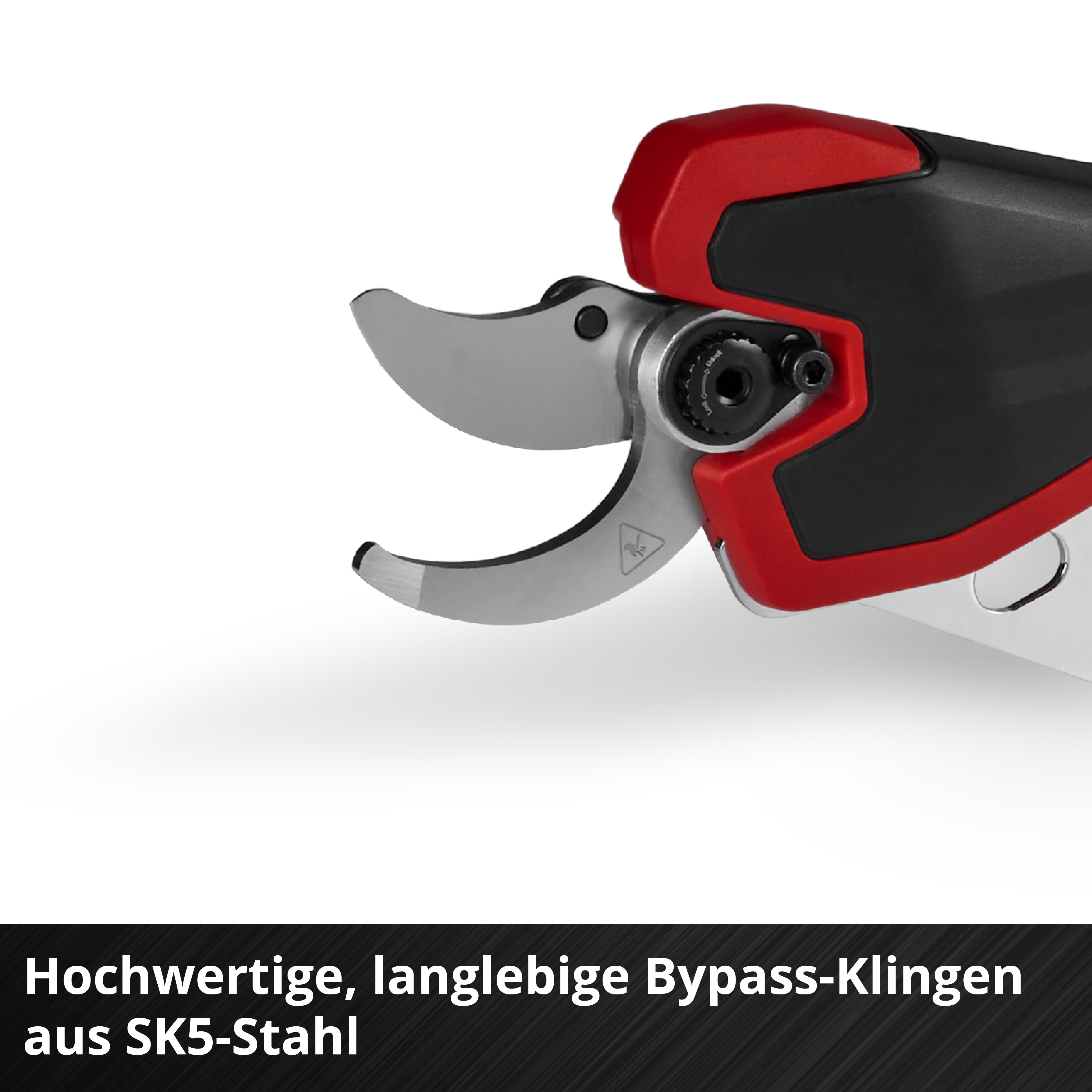 Nahaufnahme einer Gartenschere. Sie hat silberne Klingen und rot-schwarze Griffe. Der Hintergrund ist weiß.