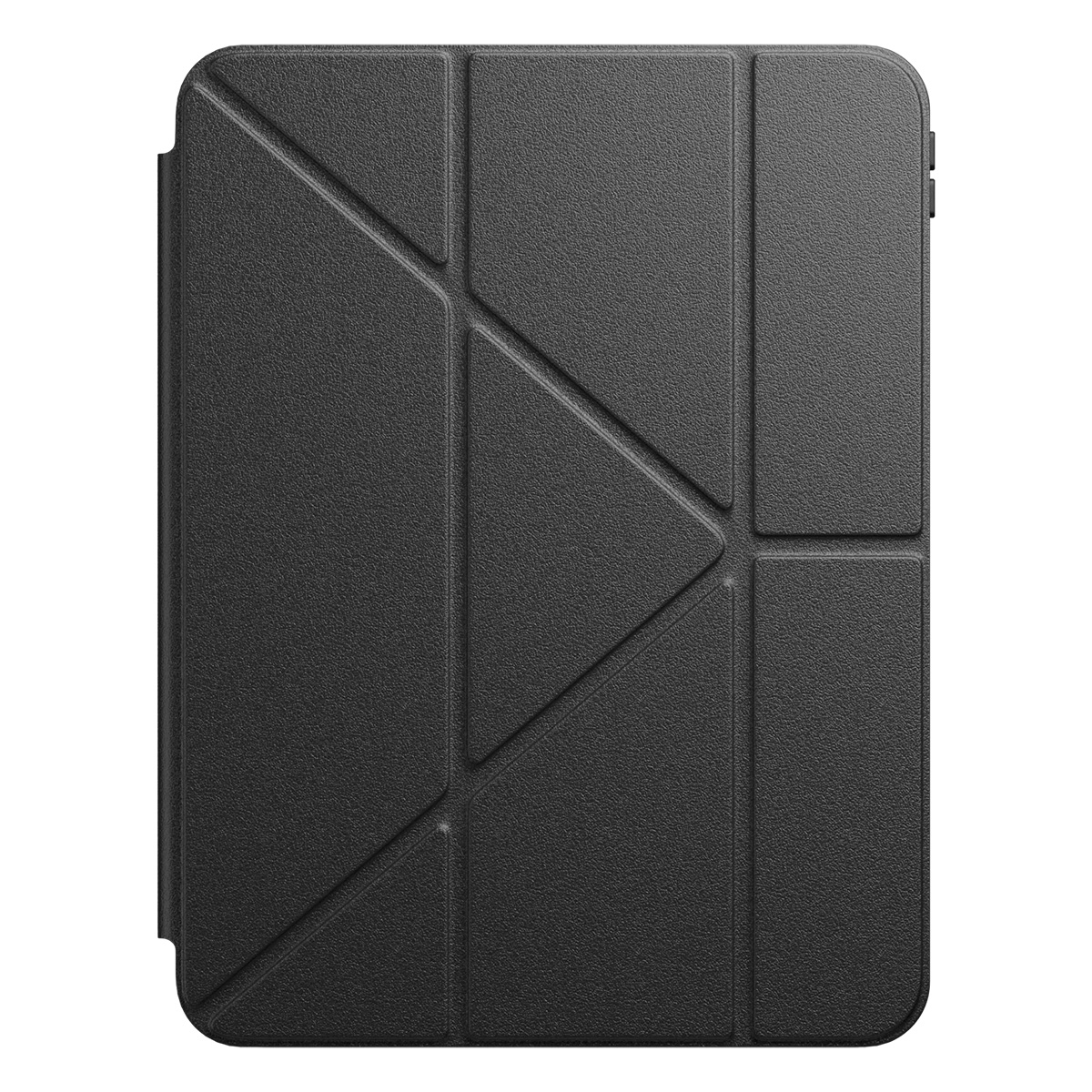 Funda negra para tableta con superficie texturizada. Presenta un diseño geométrico con secciones triangulares y rectangulares.