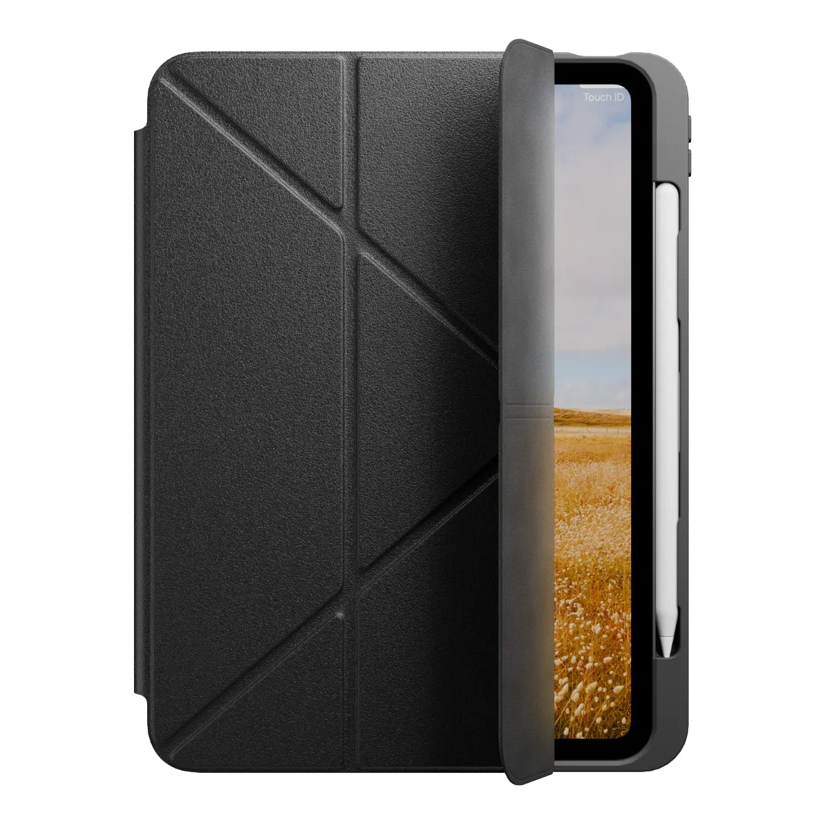 Custodia nera per tablet con superficie strutturata, parzialmente aperta, che rivela uno schermo con un'immagine di paesaggio e una penna bianca.